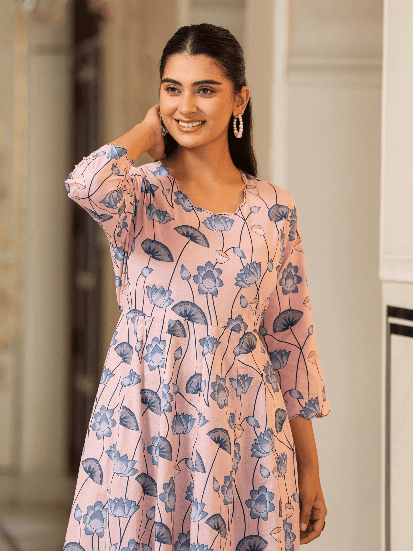 Soft Cotton Floral Anarkali Pink Dress
