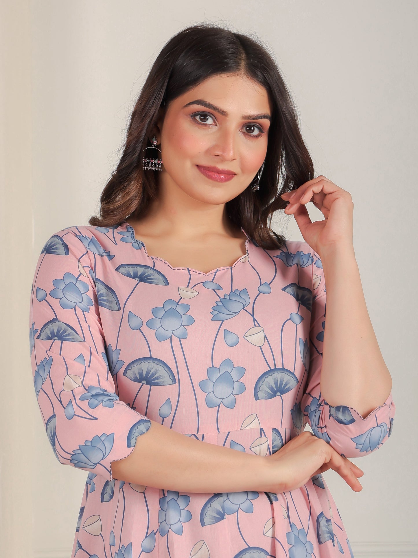 Embroidered Soft Cotton Floral Anarkali Pink Dress