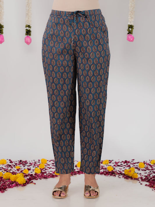 Soft Cotton Ajrakh Blue Tapered Trousers