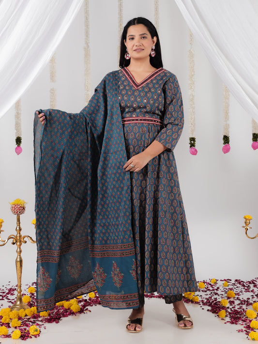 Cotton Voile Ajrakh Blue Dupatta