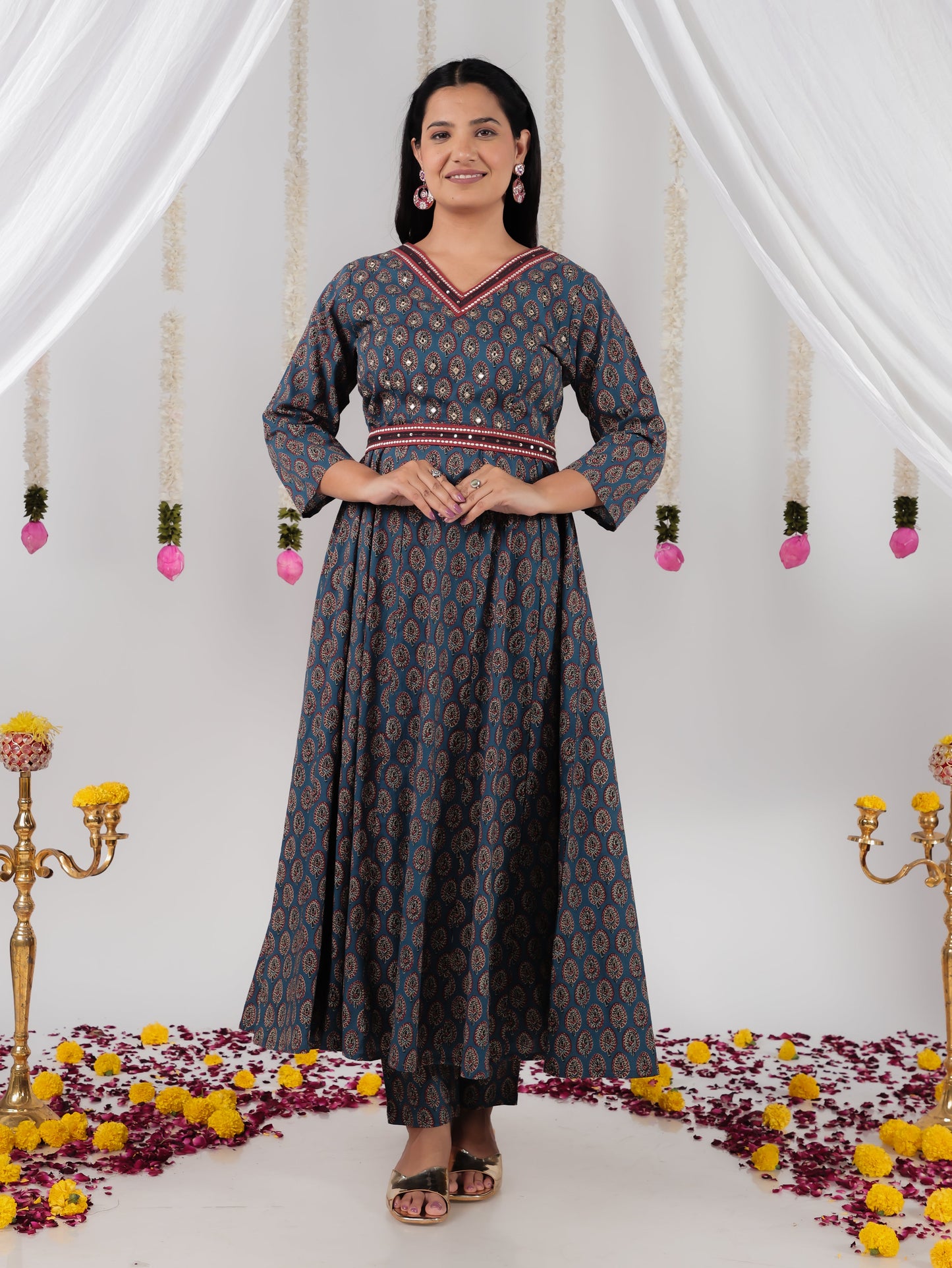 Embroidered Soft Cotton Ajrakh Flared Blue Kurta