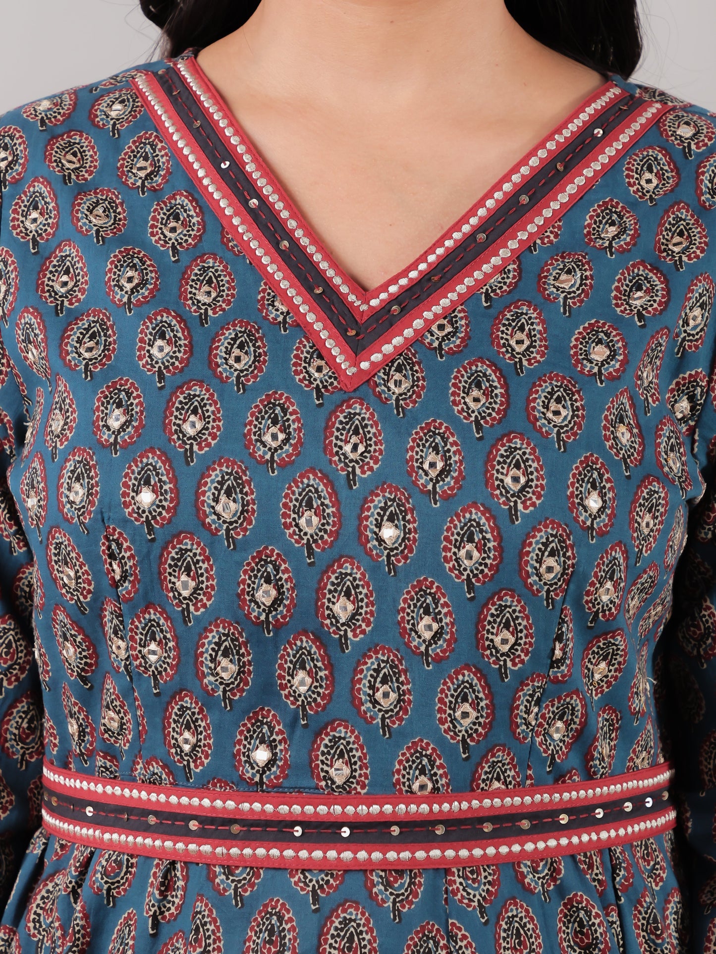 Embroidered Soft Cotton Ajrakh Flared Blue Kurta