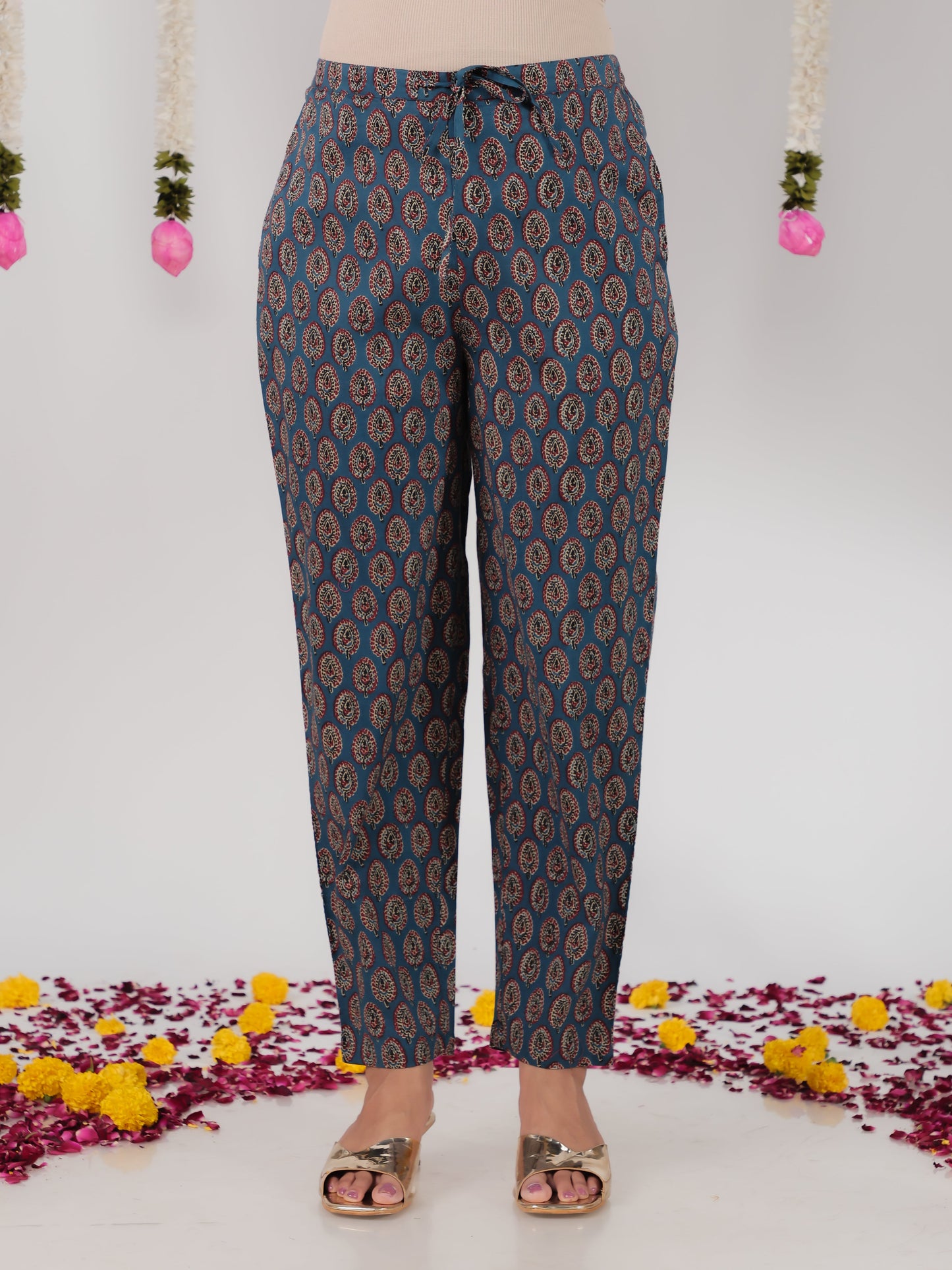 Embroidered Soft Cotton Ajrakh Flared Blue Kurta