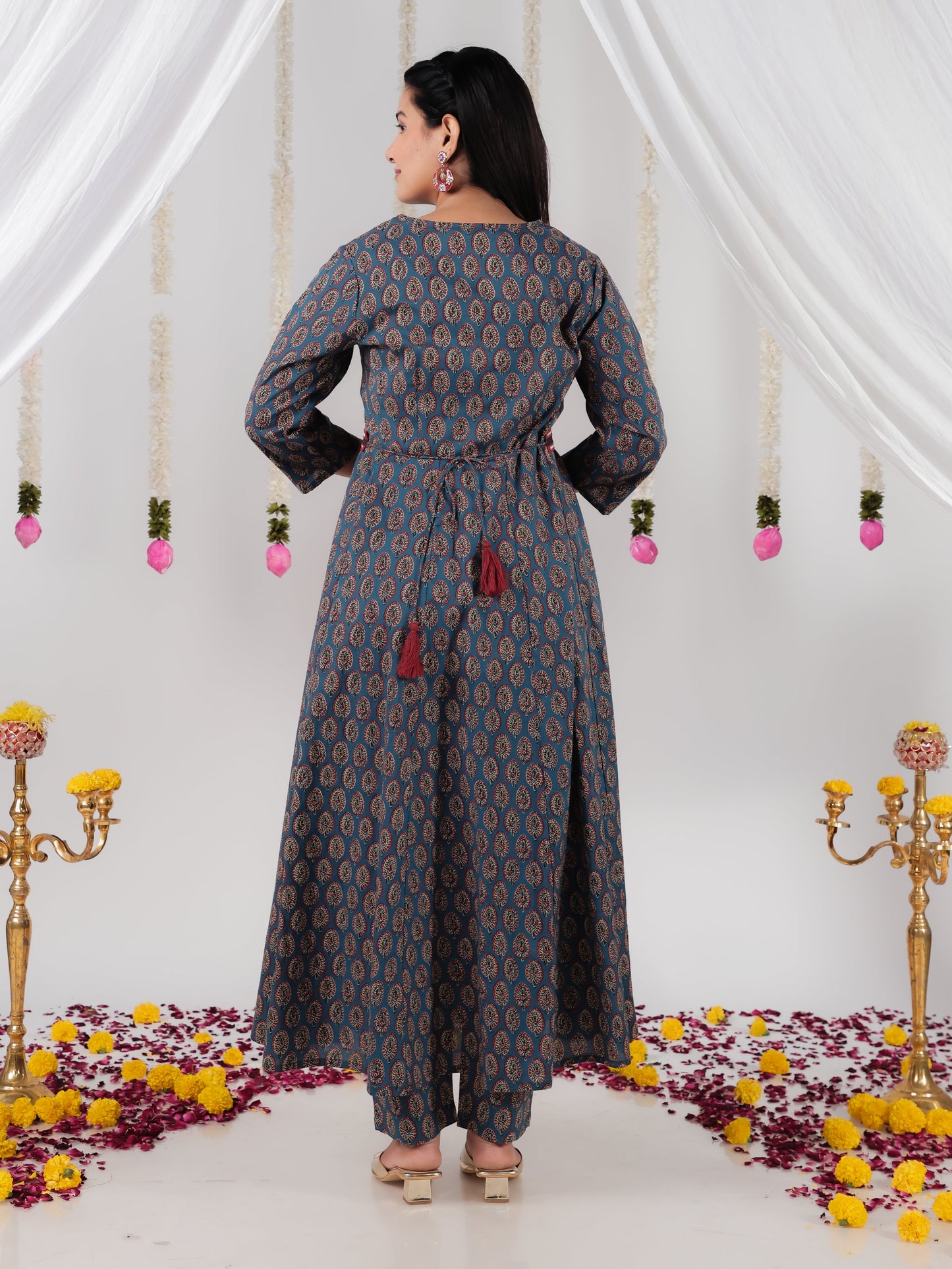 Embroidered Soft Cotton Ajrakh Flared Blue Kurta