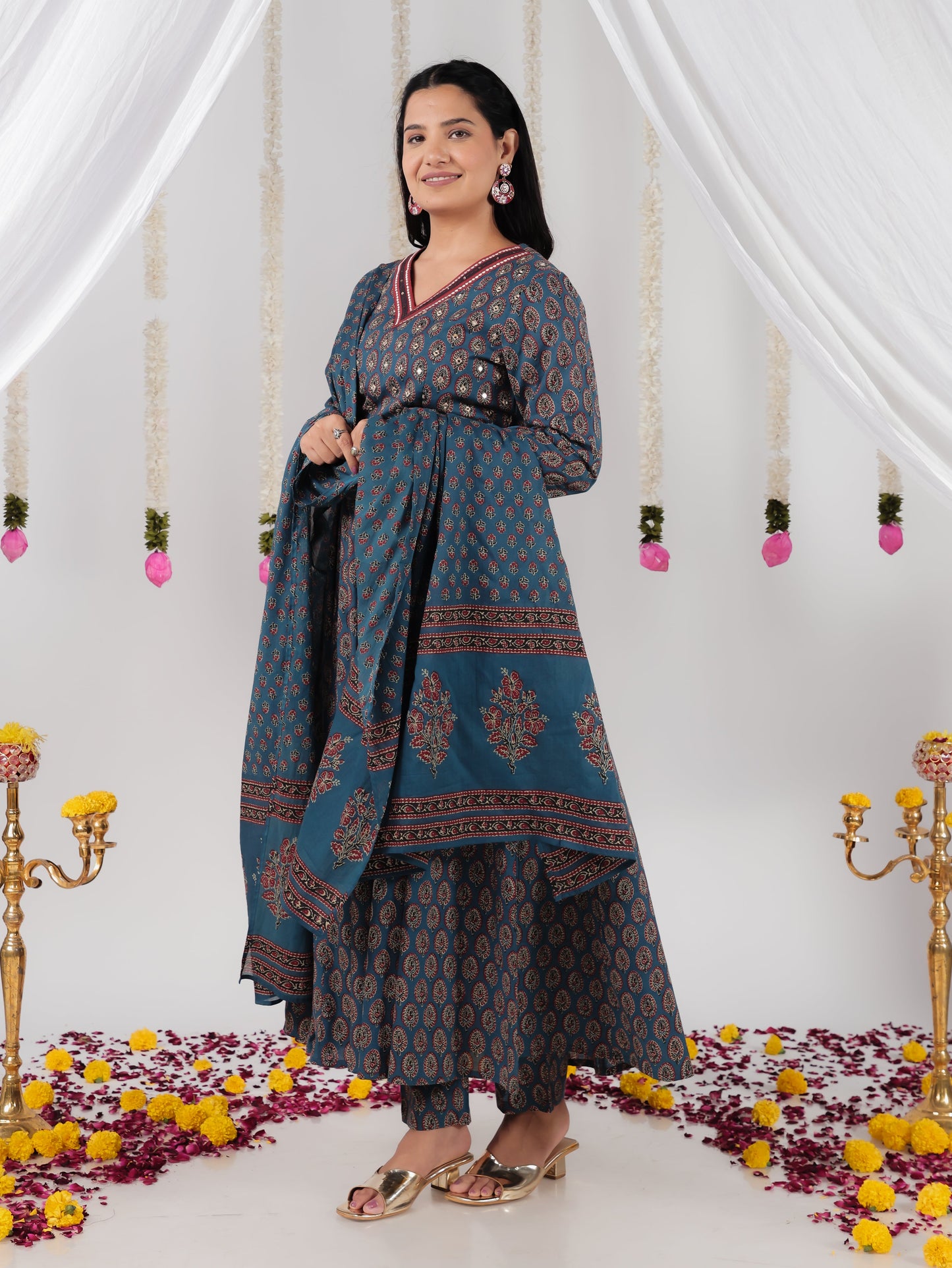 Embroidered Soft Cotton Ajrakh Flared Blue Kurta