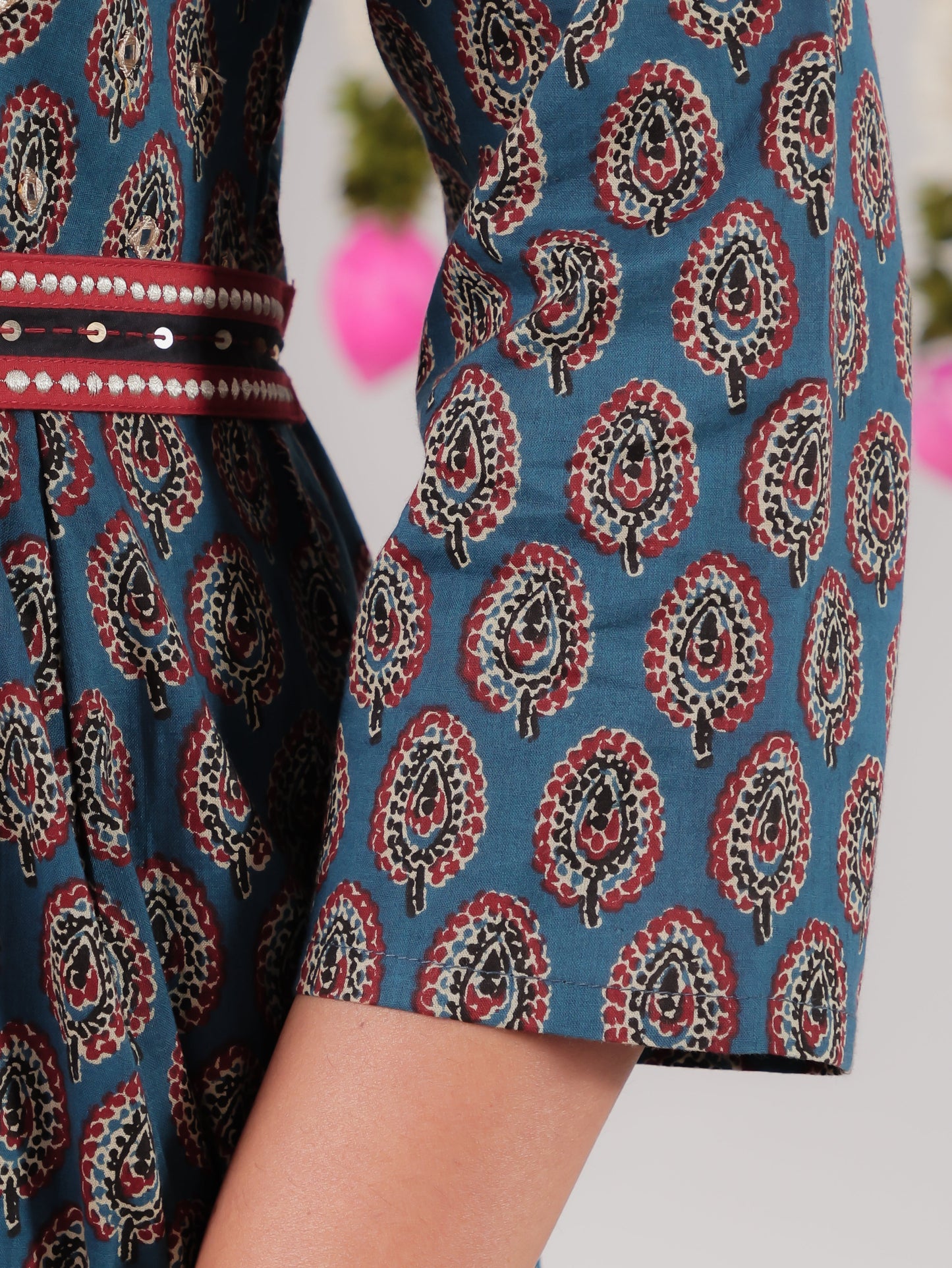 Embroidered Soft Cotton Ajrakh Flared Blue Kurta