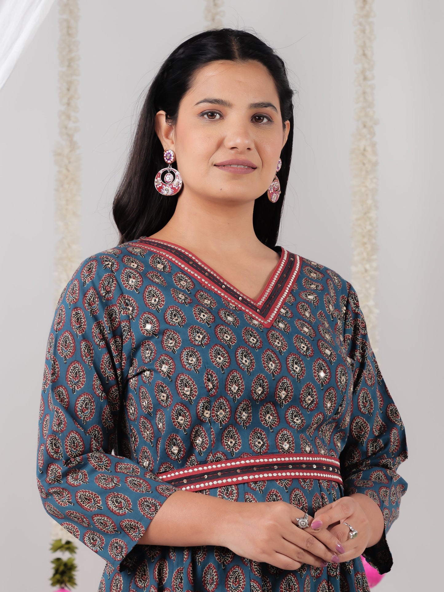 Embroidered Soft Cotton Ajrakh Flared Blue Kurta