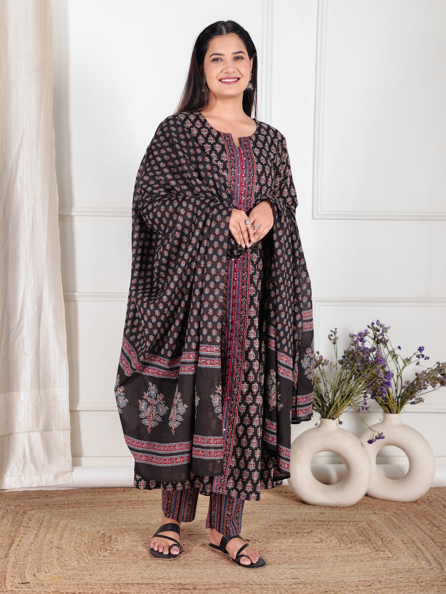 Cotton Voile Ajrakh Black Dupatta