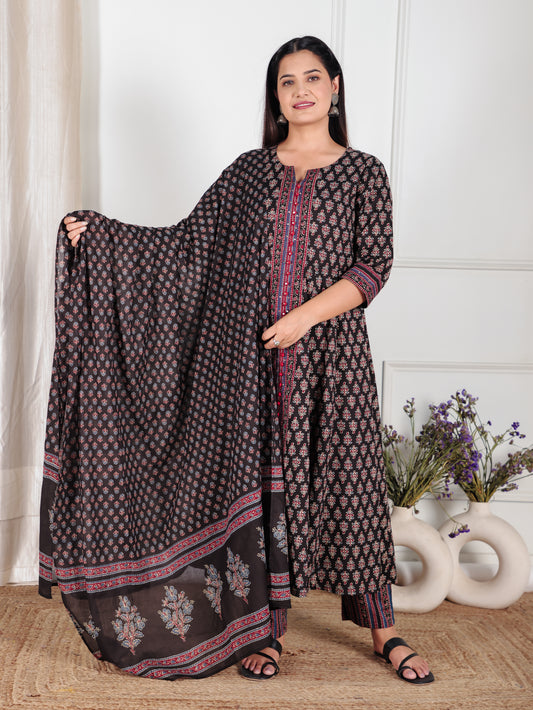 Embroidered Soft Cotton Ajrakh Anarkali Black Kurta