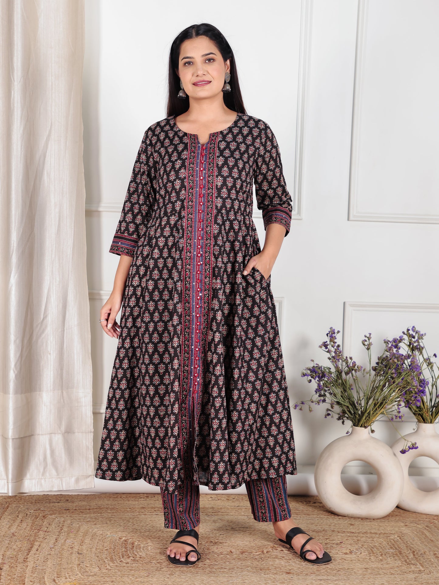 Embroidered Soft Cotton Ajrakh Anarkali Black Kurta
