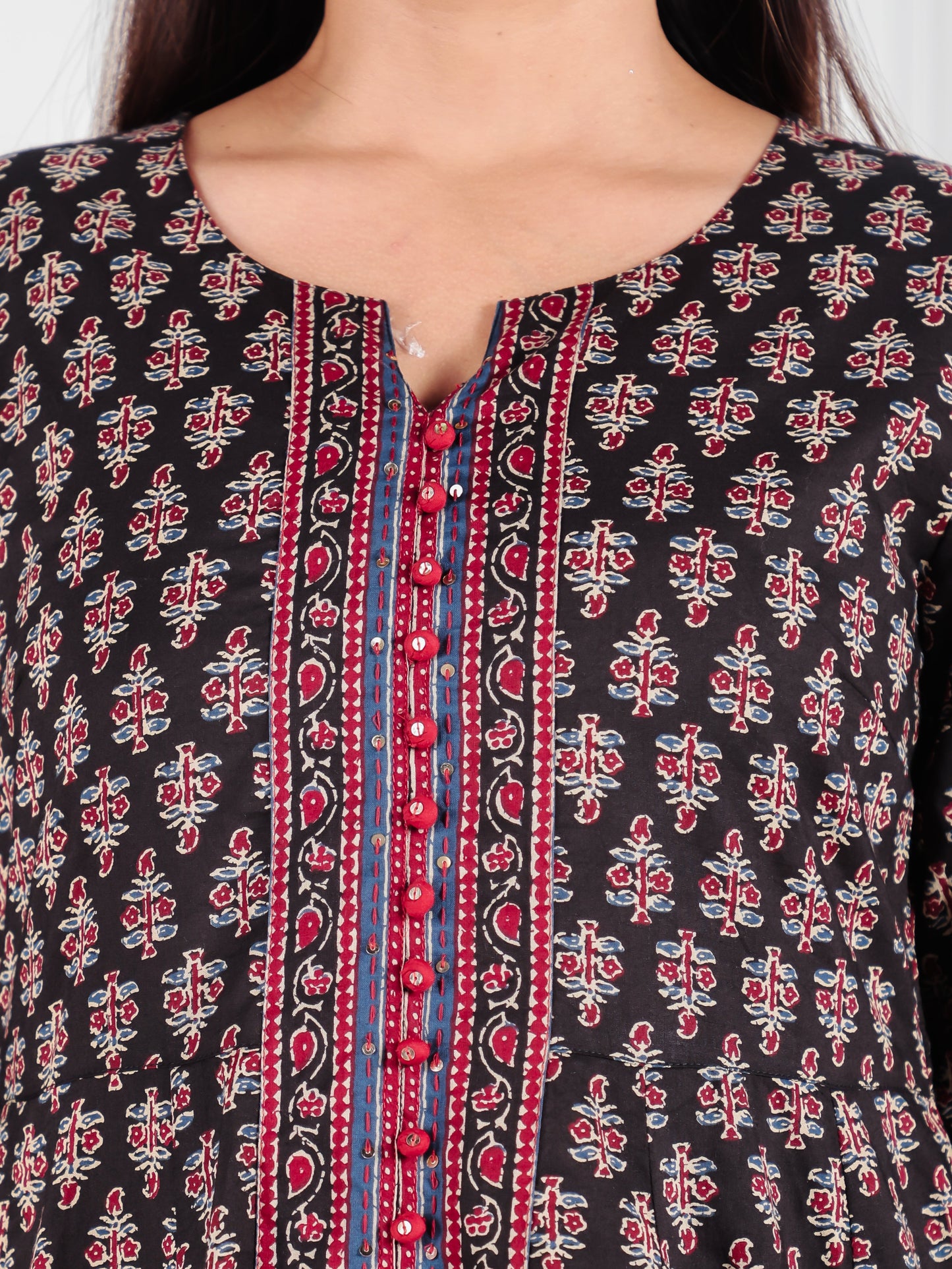 Embroidered Soft Cotton Ajrakh Anarkali Black Kurta