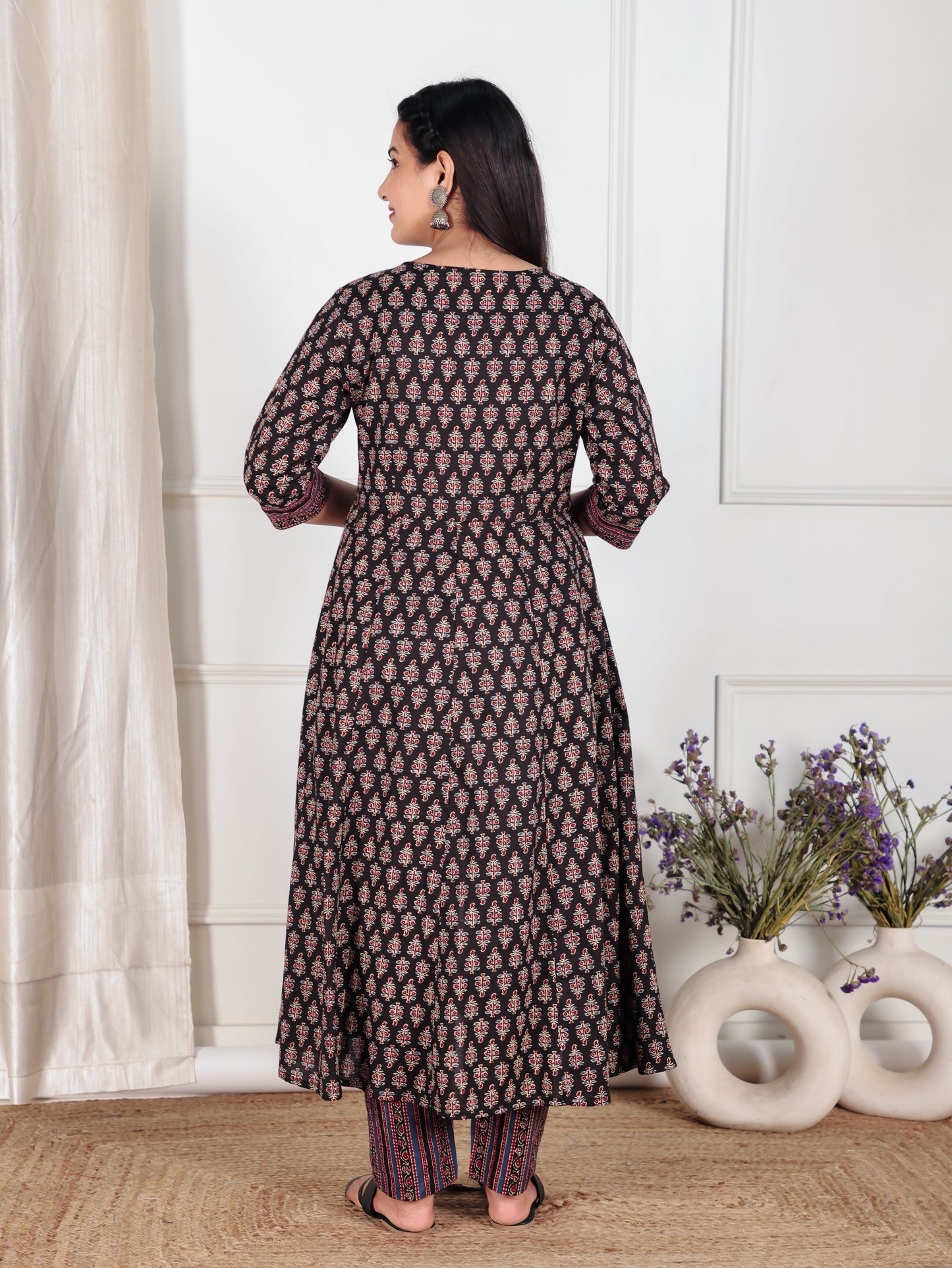 Embroidered Soft Cotton Ajrakh Anarkali Black Kurta