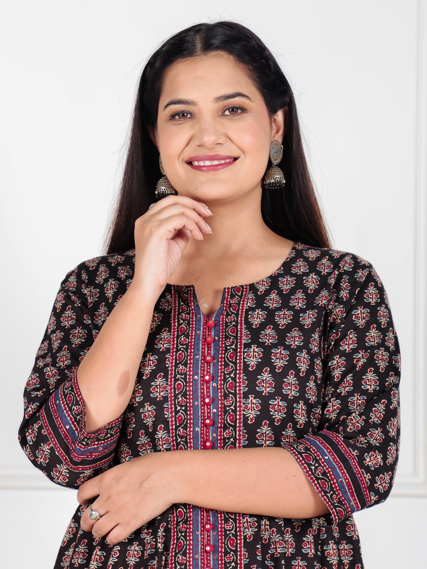 Embroidered Soft Cotton Ajrakh Anarkali Black Kurta
