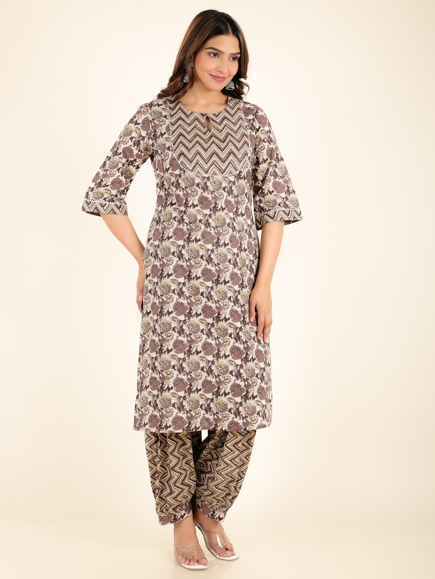 Soft Cotton Floral Straight Beige Kurta