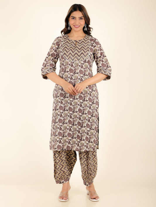 Soft Cotton Floral Straight Beige Kurta