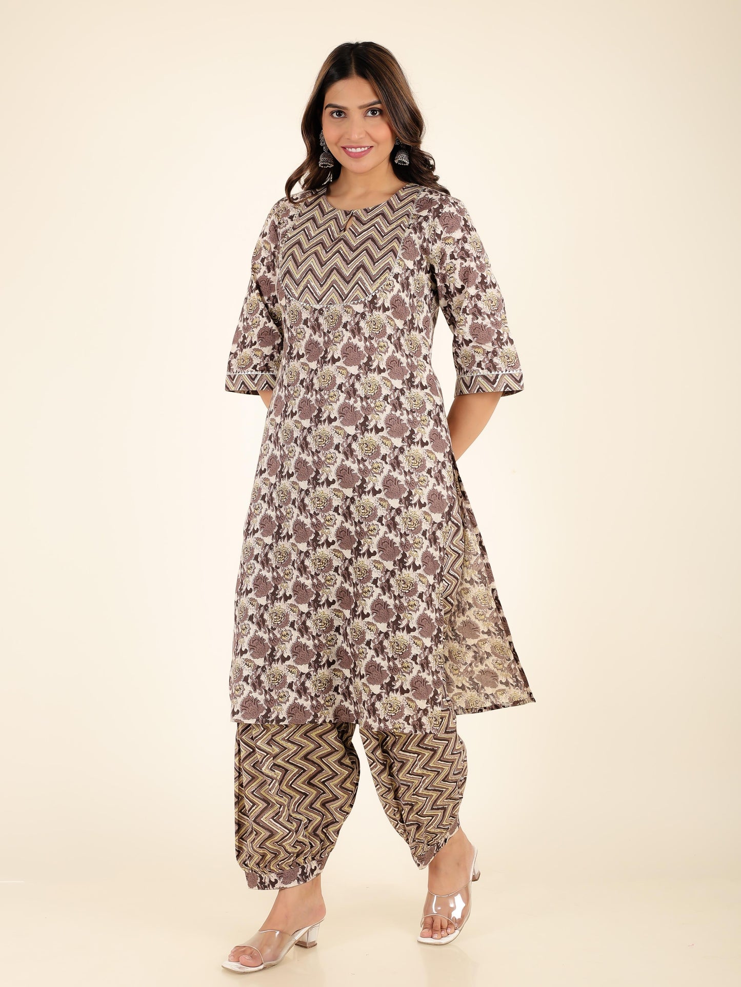 Soft Cotton Floral Straight Beige Kurta