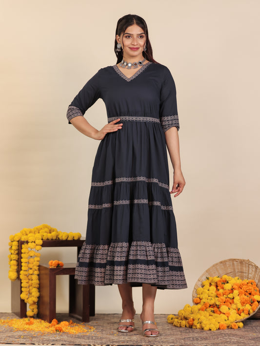 Soft Cotton Solid Anarkali Blue Dress (With Waistbelt)
