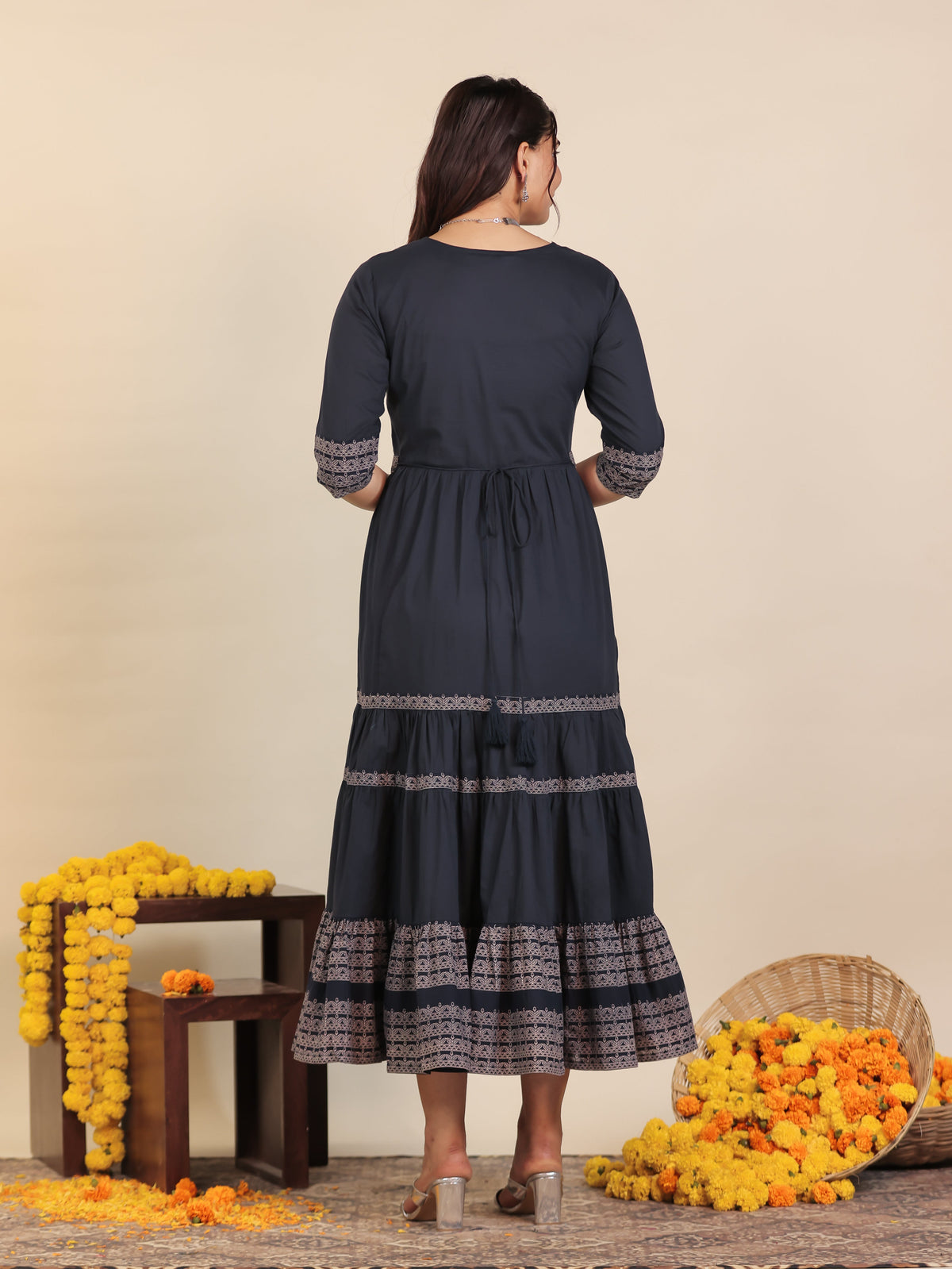 Soft Cotton Solid Anarkali Blue Dress (With Waistbelt)