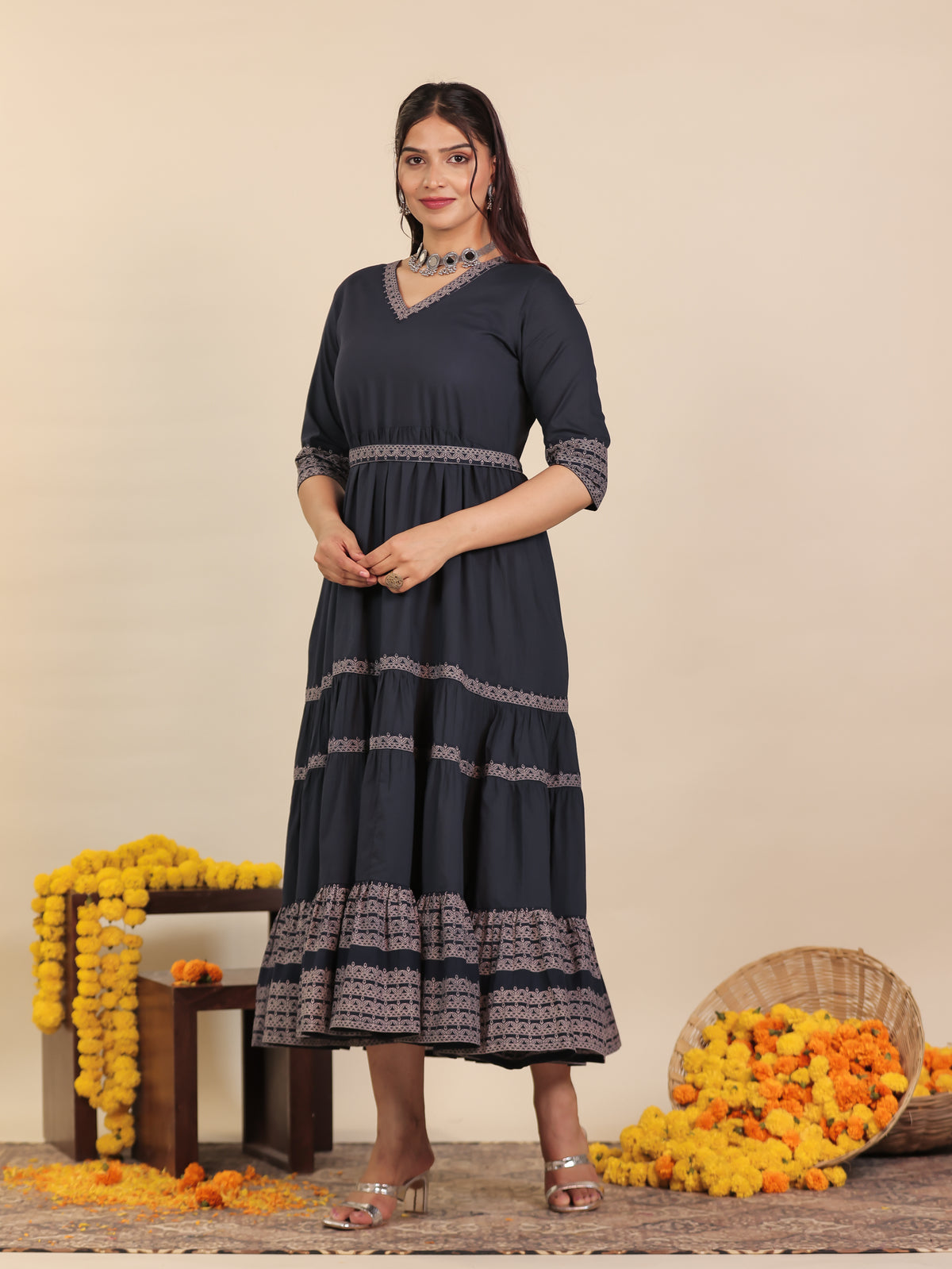 Soft Cotton Solid Anarkali Blue Dress (With Waistbelt)