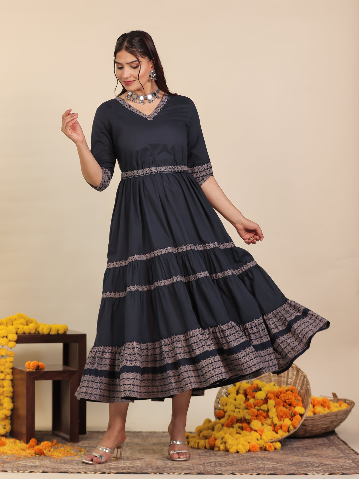Soft Cotton Solid Anarkali Blue Dress (With Waistbelt)