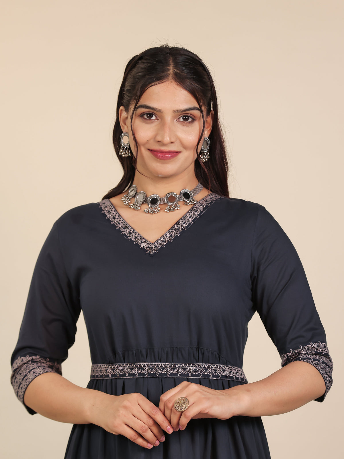 Soft Cotton Solid Anarkali Blue Dress (With Waistbelt)