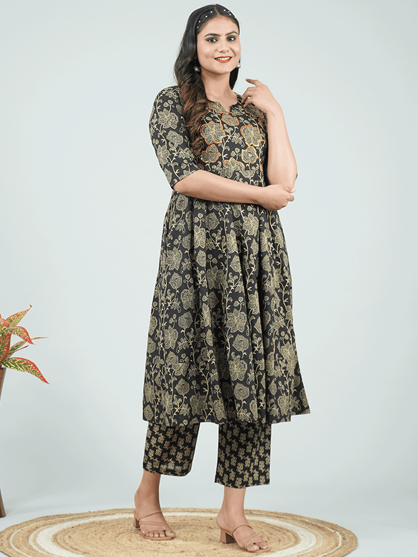 Embroidered Soft Cotton Ajrakh Anarkali Black Kurta