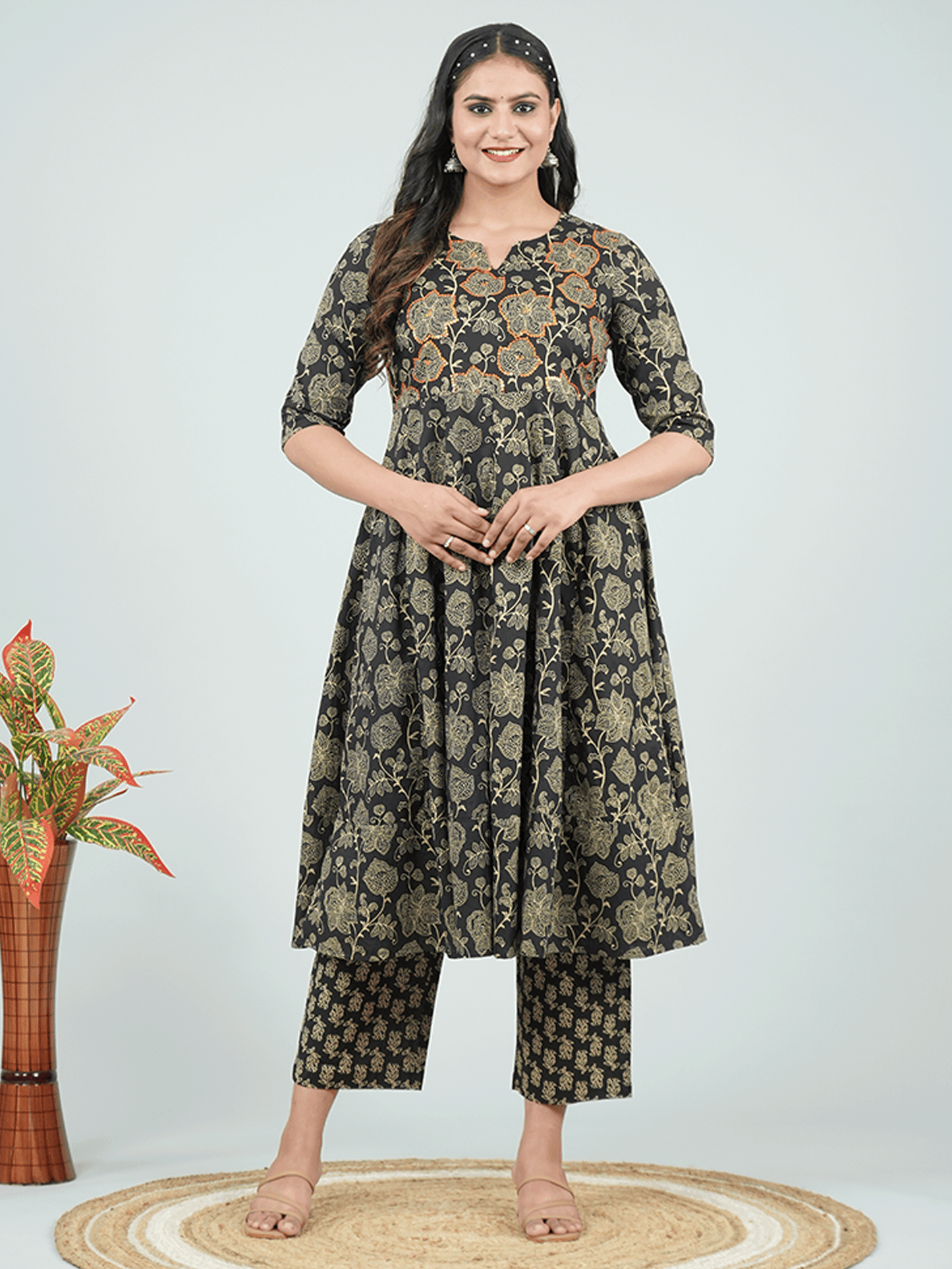 Embroidered Soft Cotton Ajrakh Anarkali Black Kurta