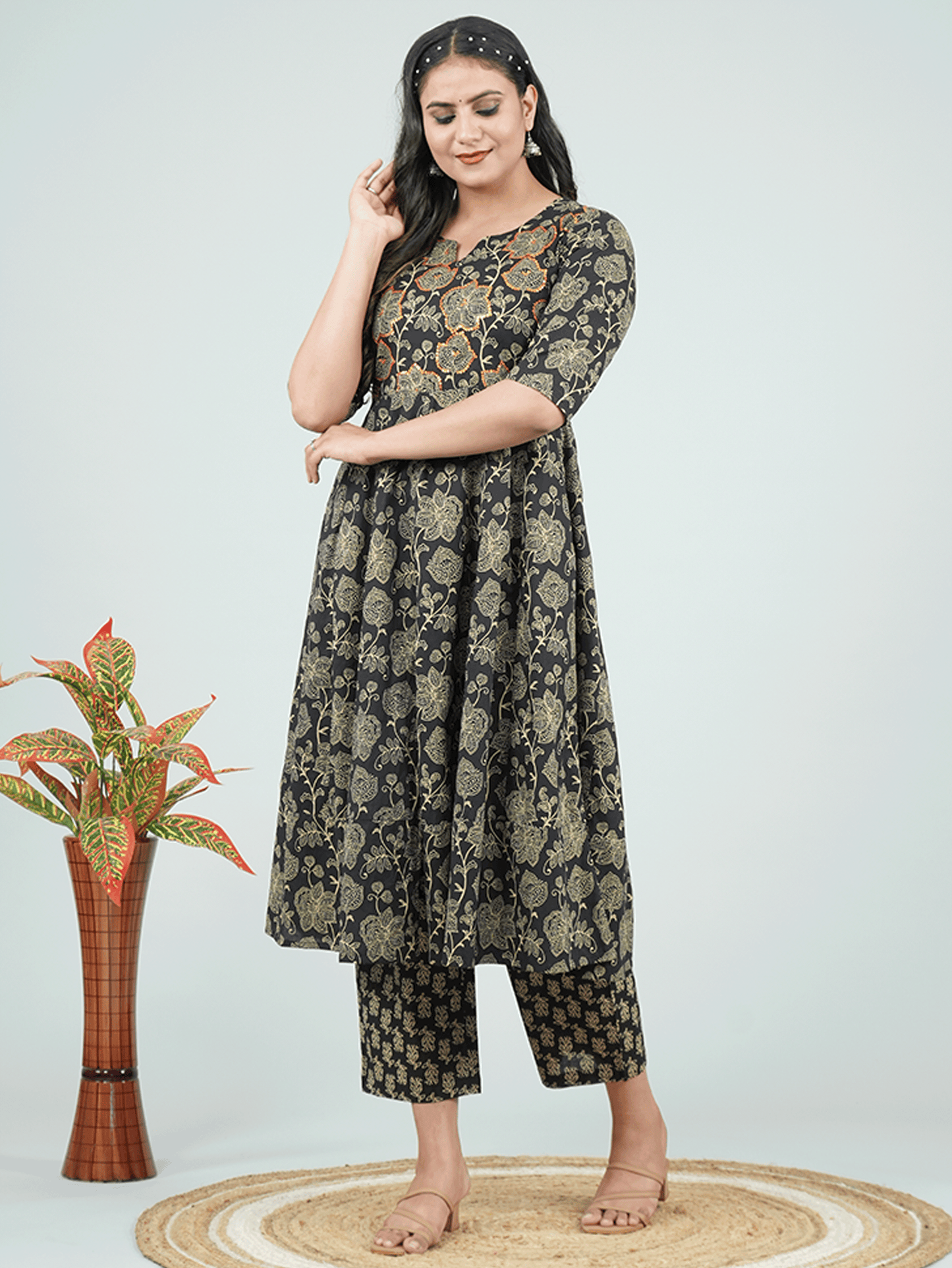 Embroidered Soft Cotton Ajrakh Anarkali Black Kurta