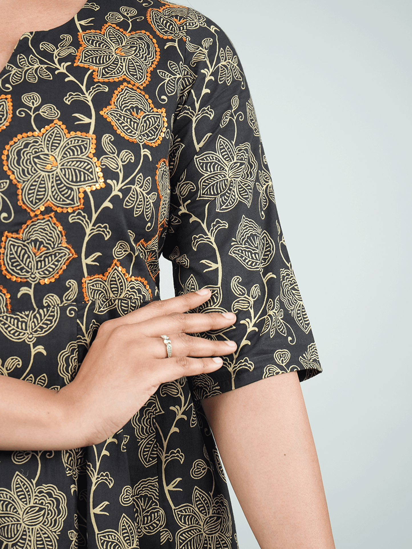 Embroidered Soft Cotton Ajrakh Anarkali Black Kurta