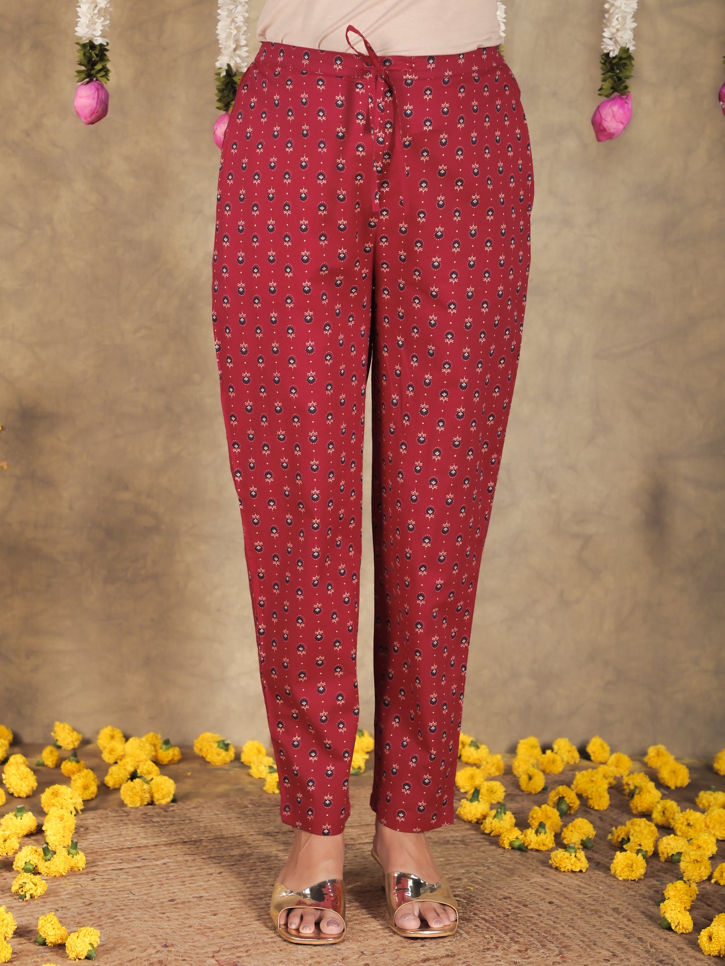 Soft Cotton Floral Maroon Tapered Trousers