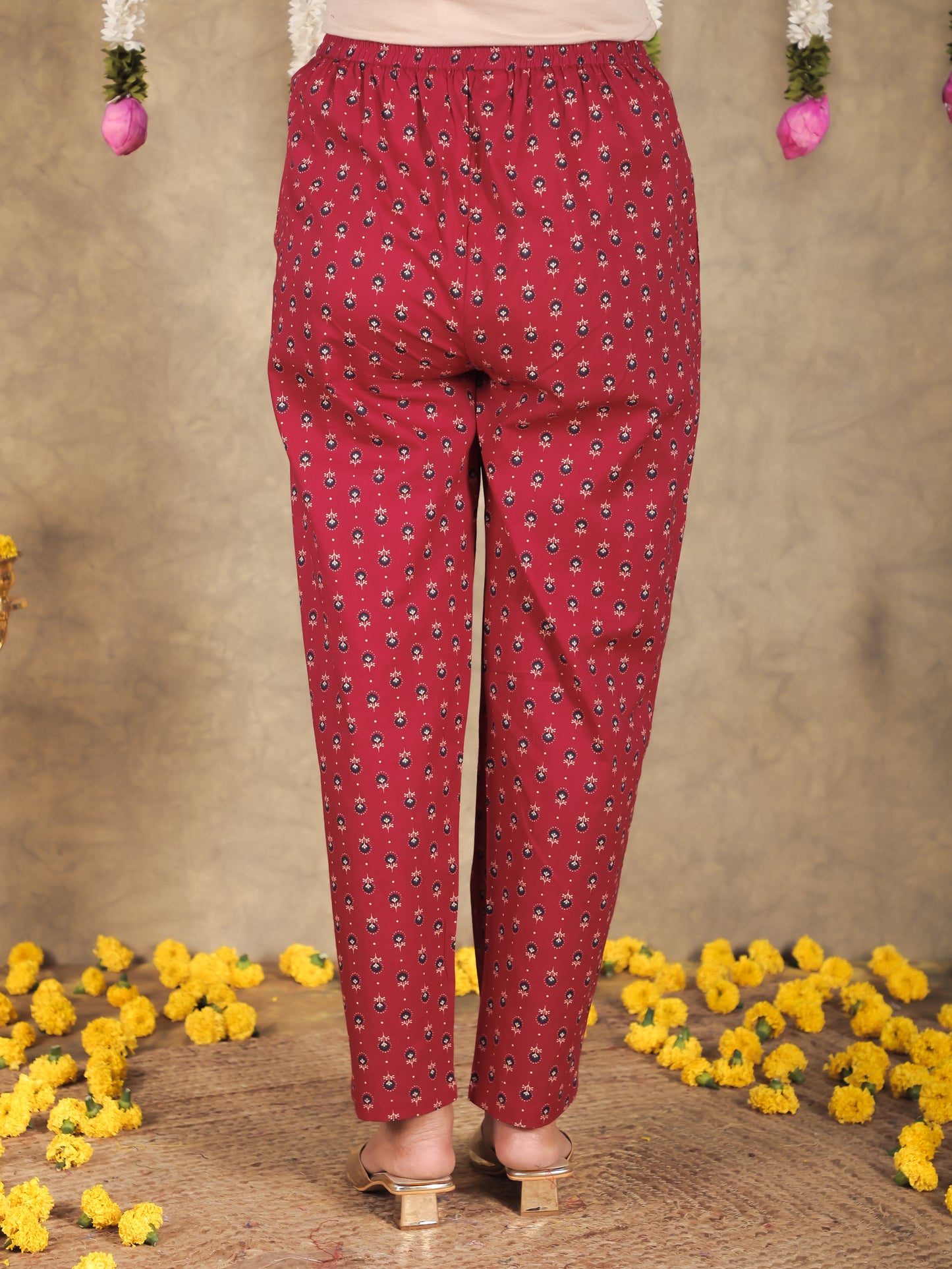 Soft Cotton Floral Maroon Tapered Trousers