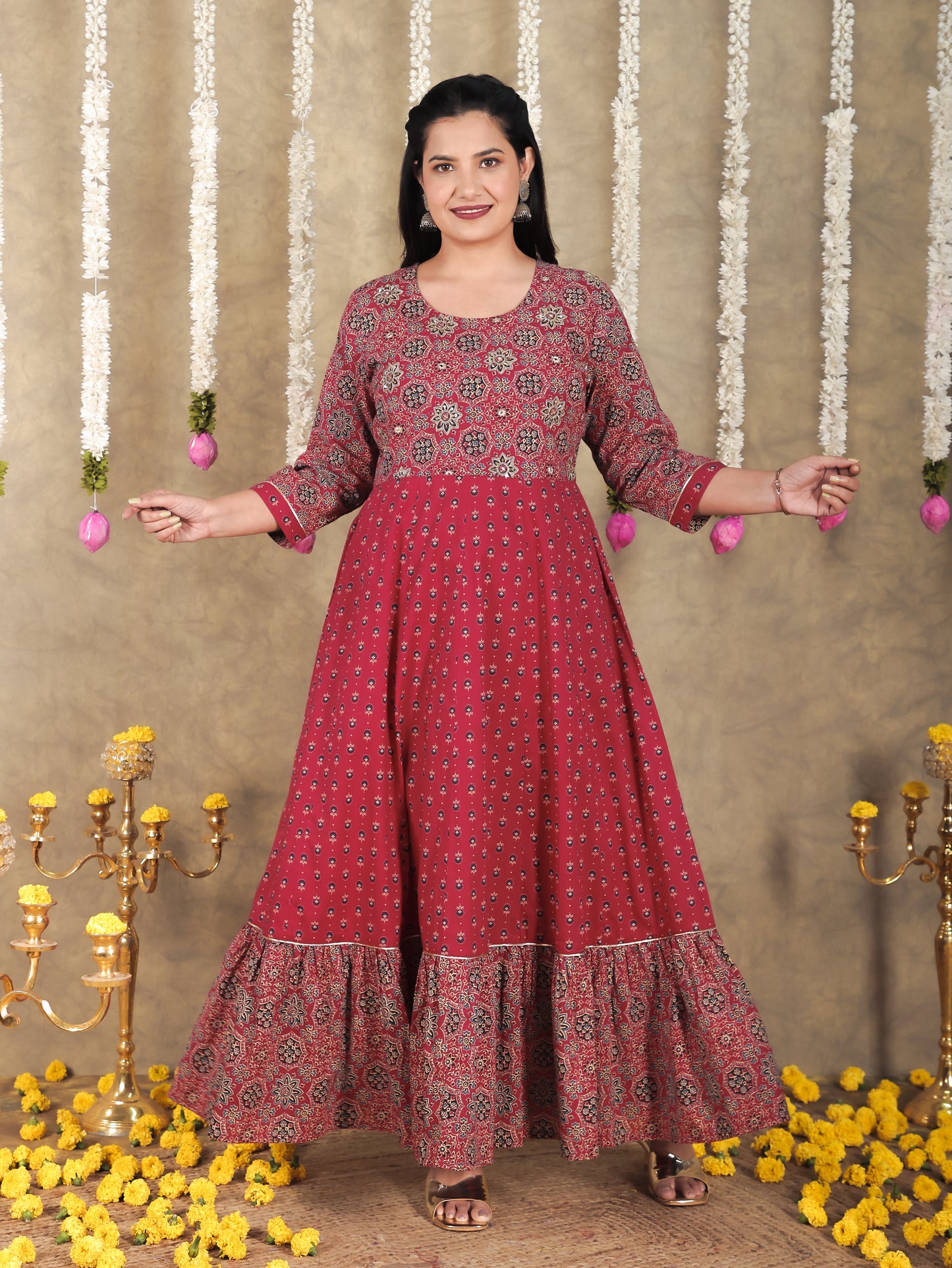 Embroidered Soft Cotton Geometric Anarkali Maroon Kurta