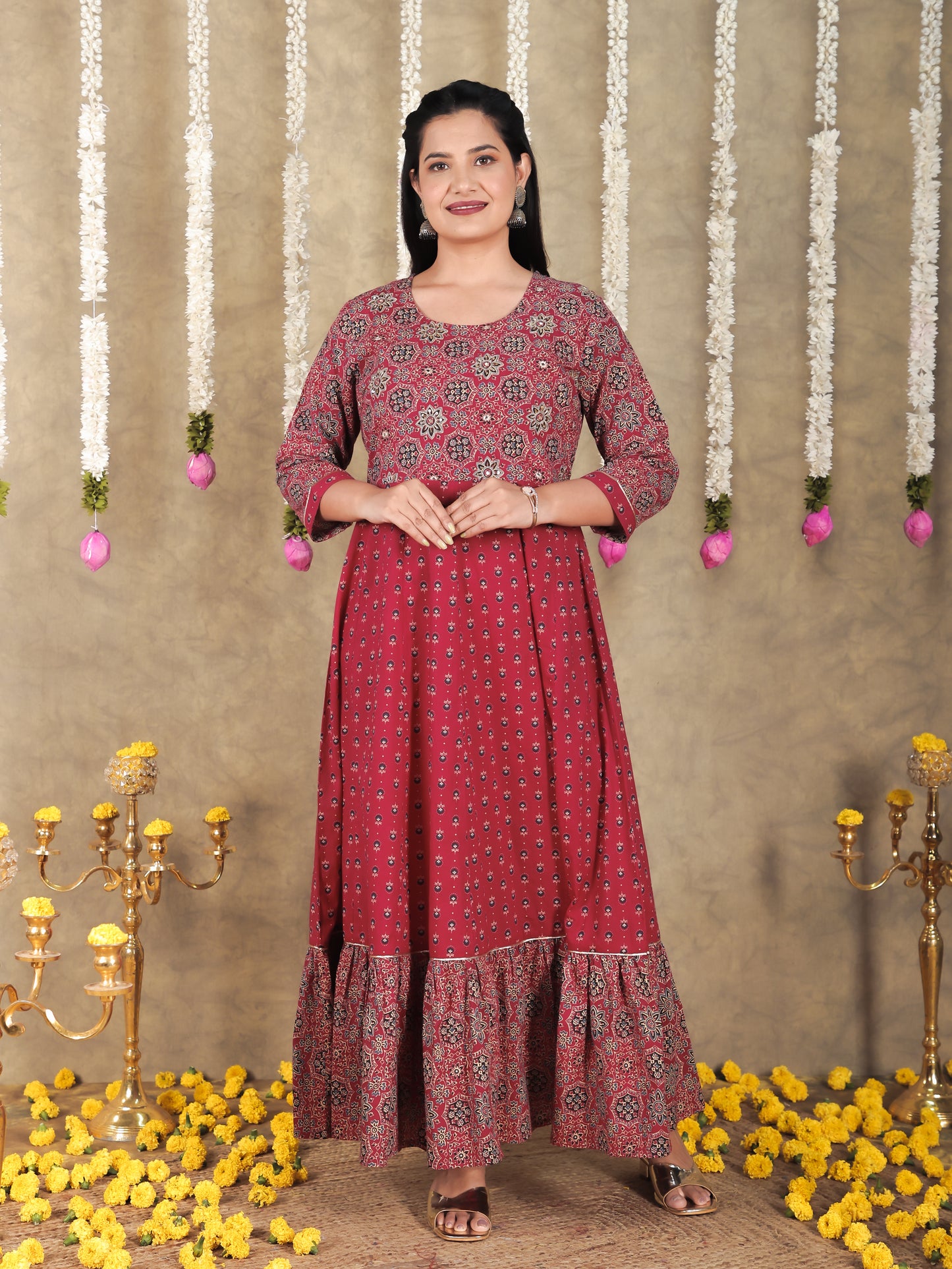 Embroidered Soft Cotton Geometric Anarkali Maroon Kurta