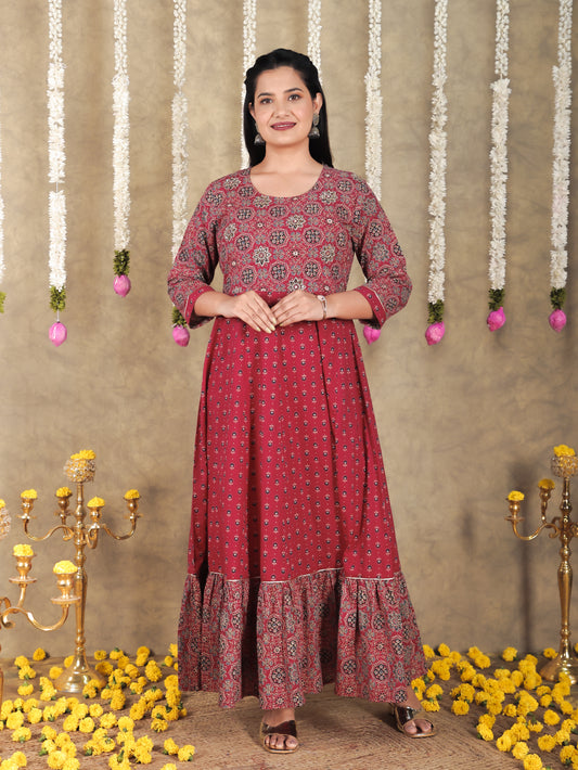 Embroidered Soft Cotton Geometric Anarkali Maroon Kurta