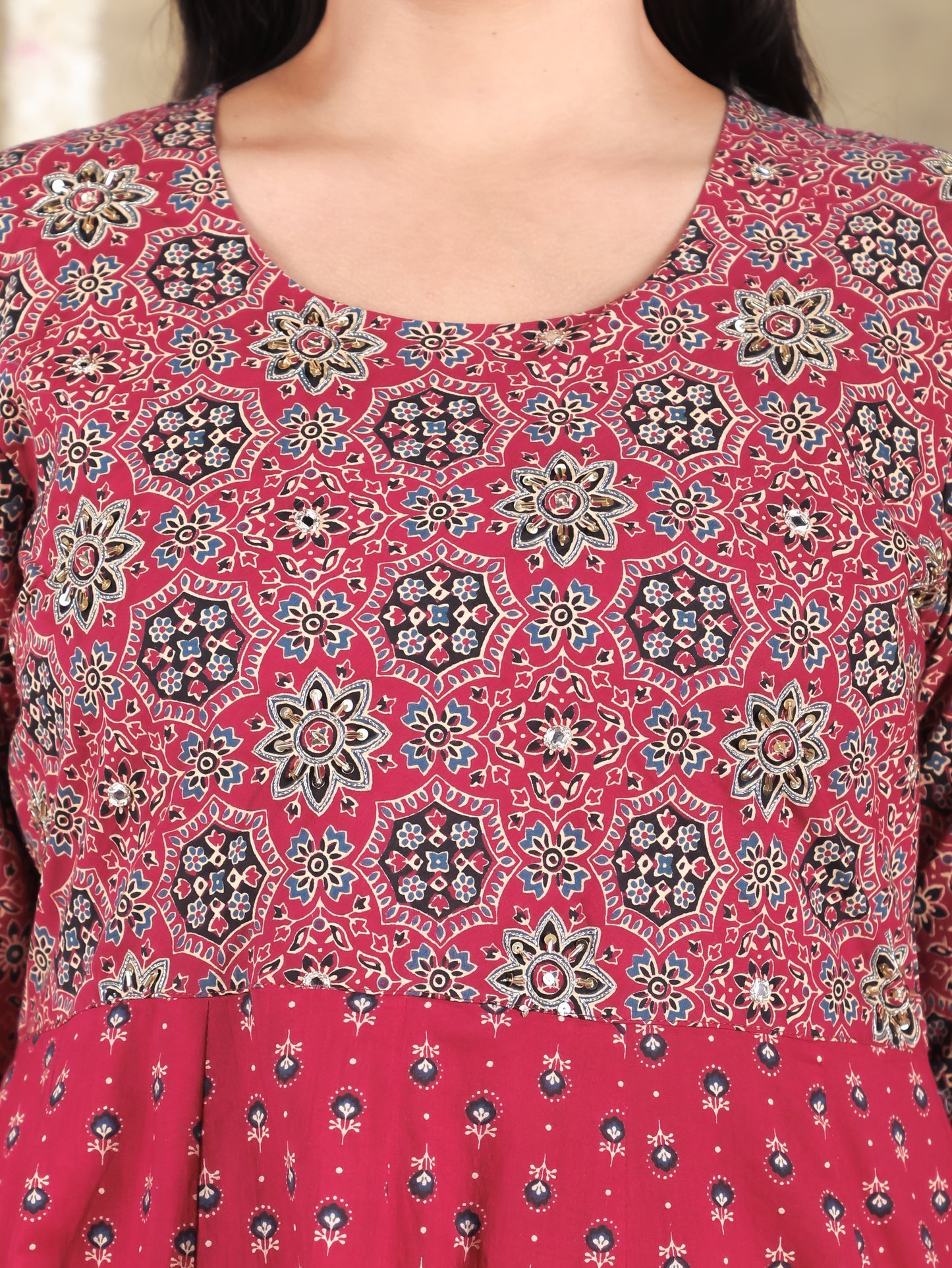 Embroidered Soft Cotton Geometric Anarkali Maroon Kurta