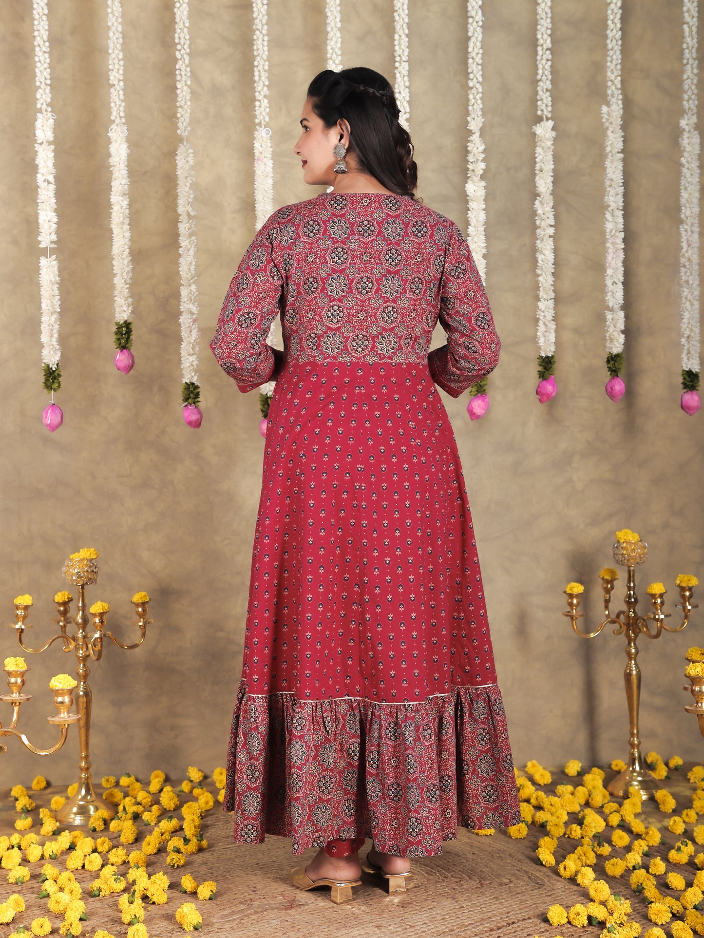 Embroidered Soft Cotton Geometric Anarkali Maroon Kurta