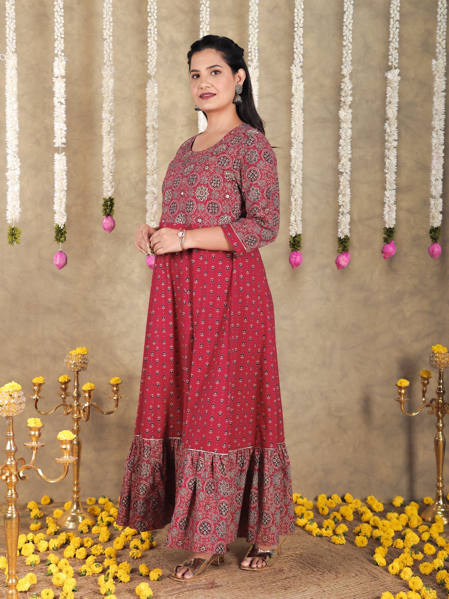Embroidered Soft Cotton Geometric Anarkali Maroon Kurta