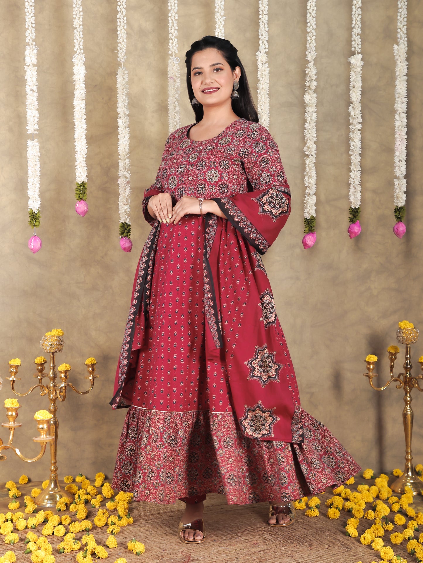 Embroidered Soft Cotton Geometric Anarkali Maroon Kurta