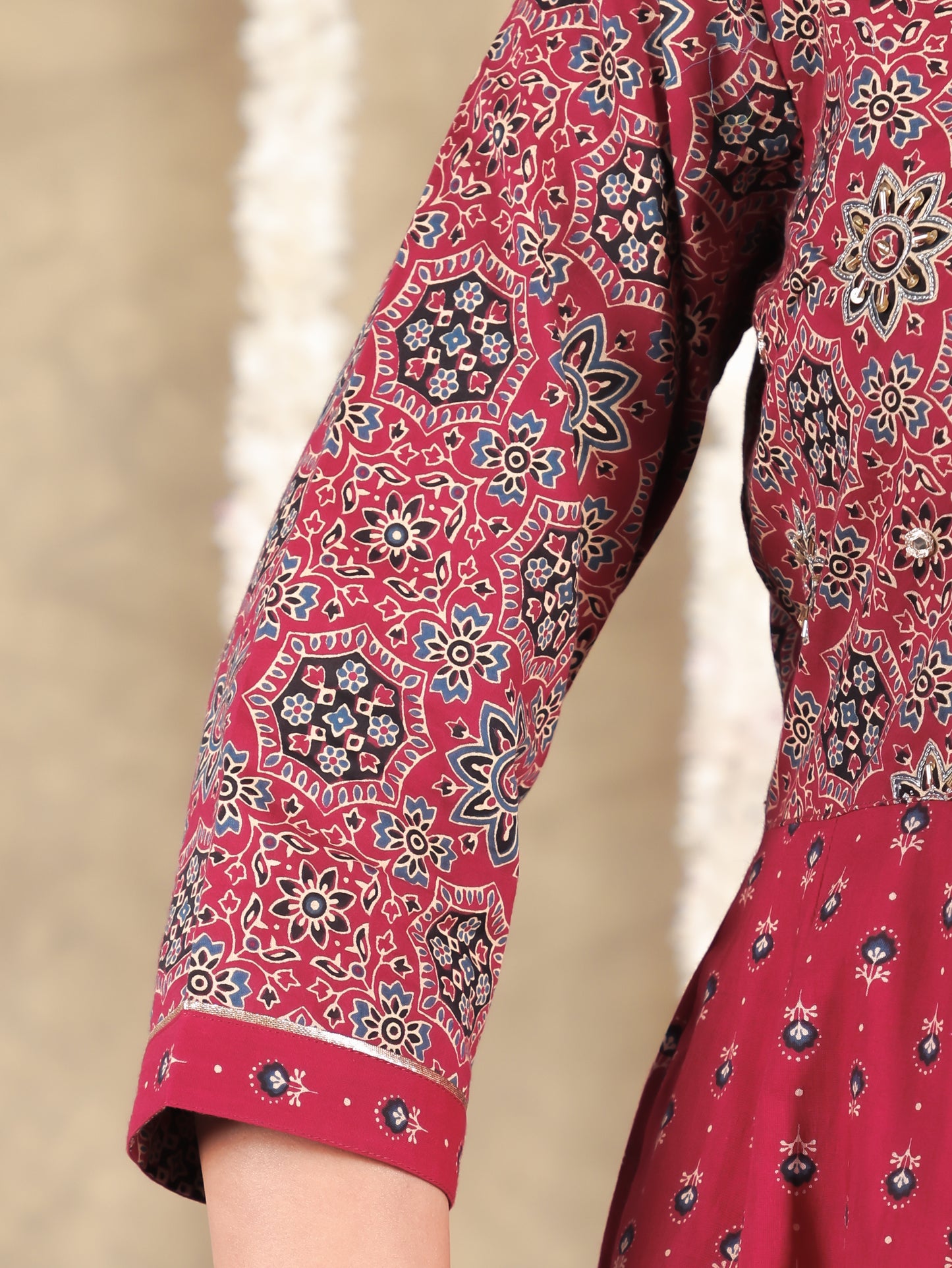 Embroidered Soft Cotton Geometric Anarkali Maroon Kurta