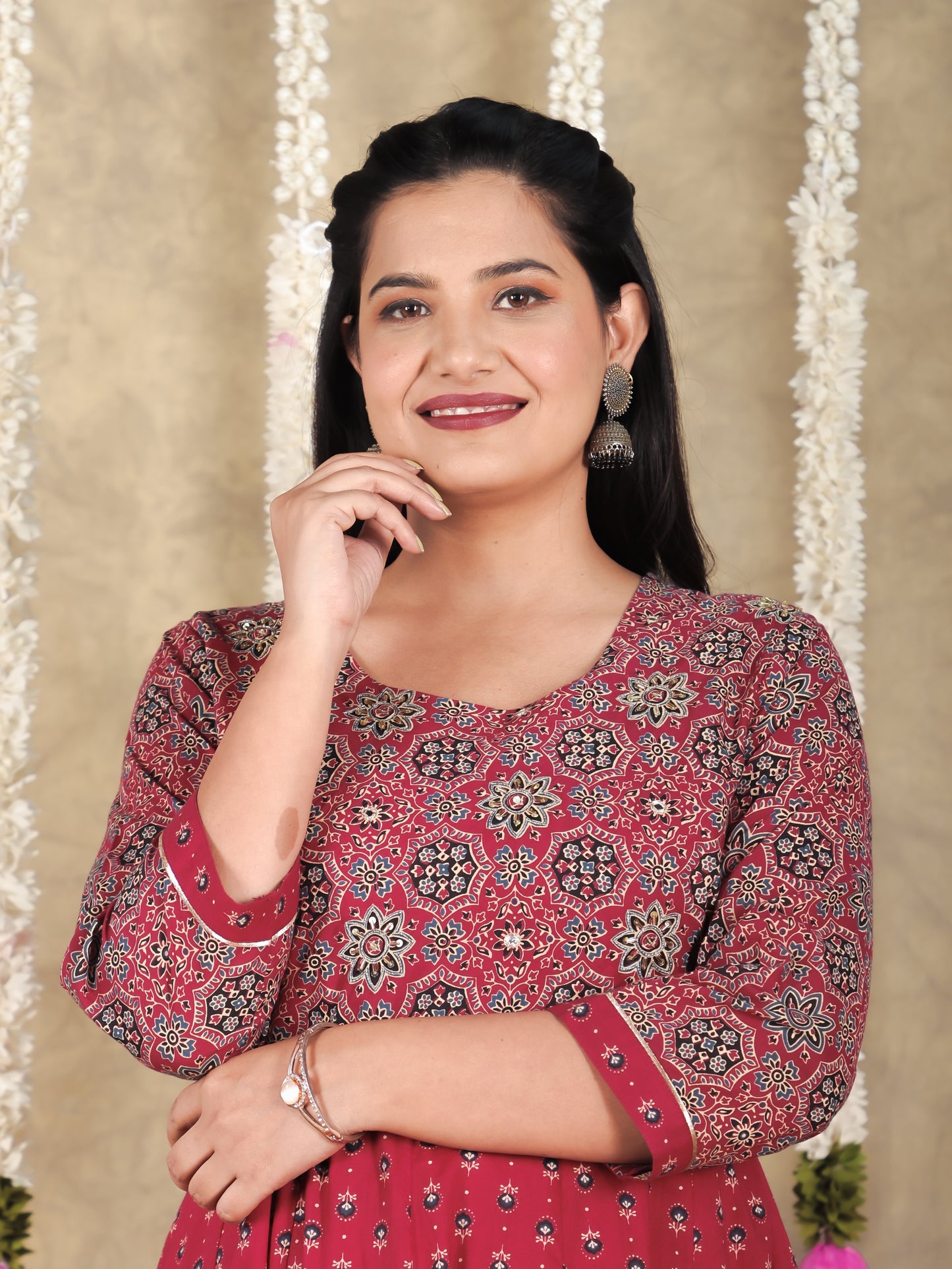 Embroidered Soft Cotton Geometric Anarkali Maroon Kurta