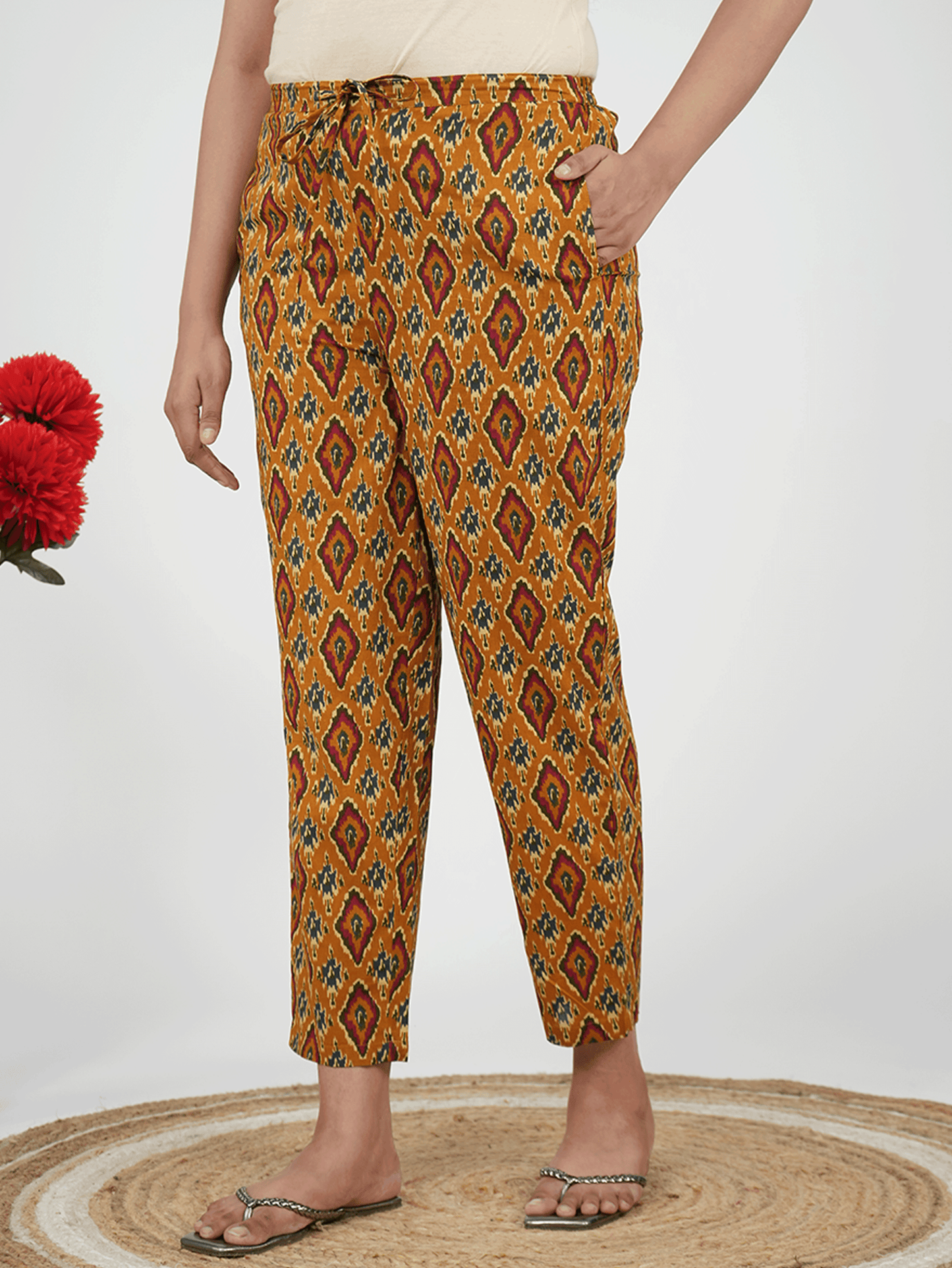 Soft Cotton Ikat Yellow Tapered Trousers