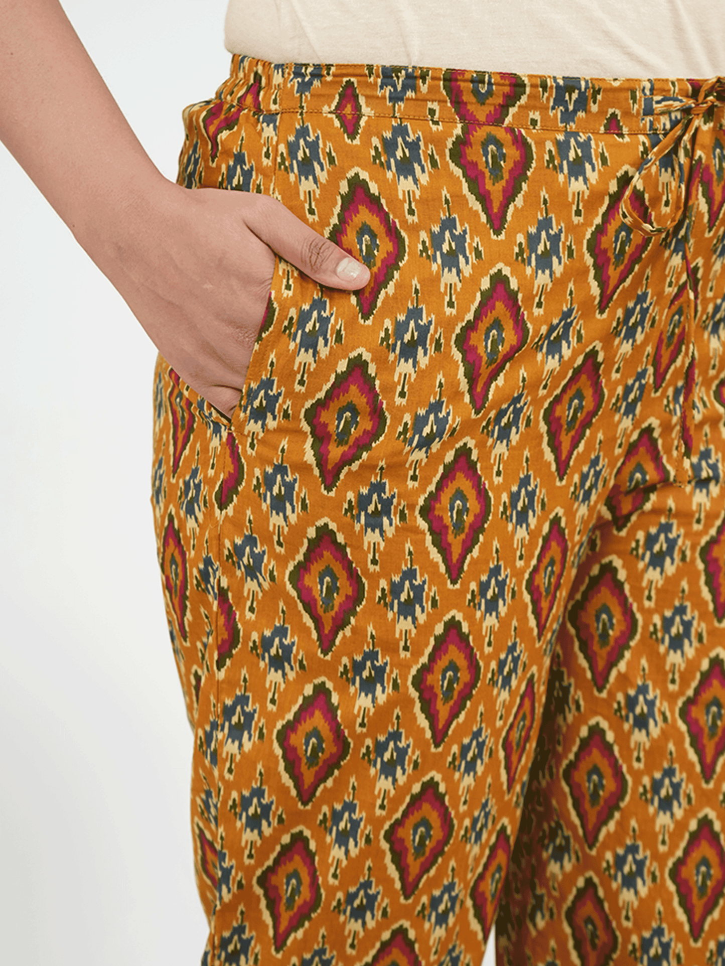 Soft Cotton Ikat Yellow Tapered Trousers
