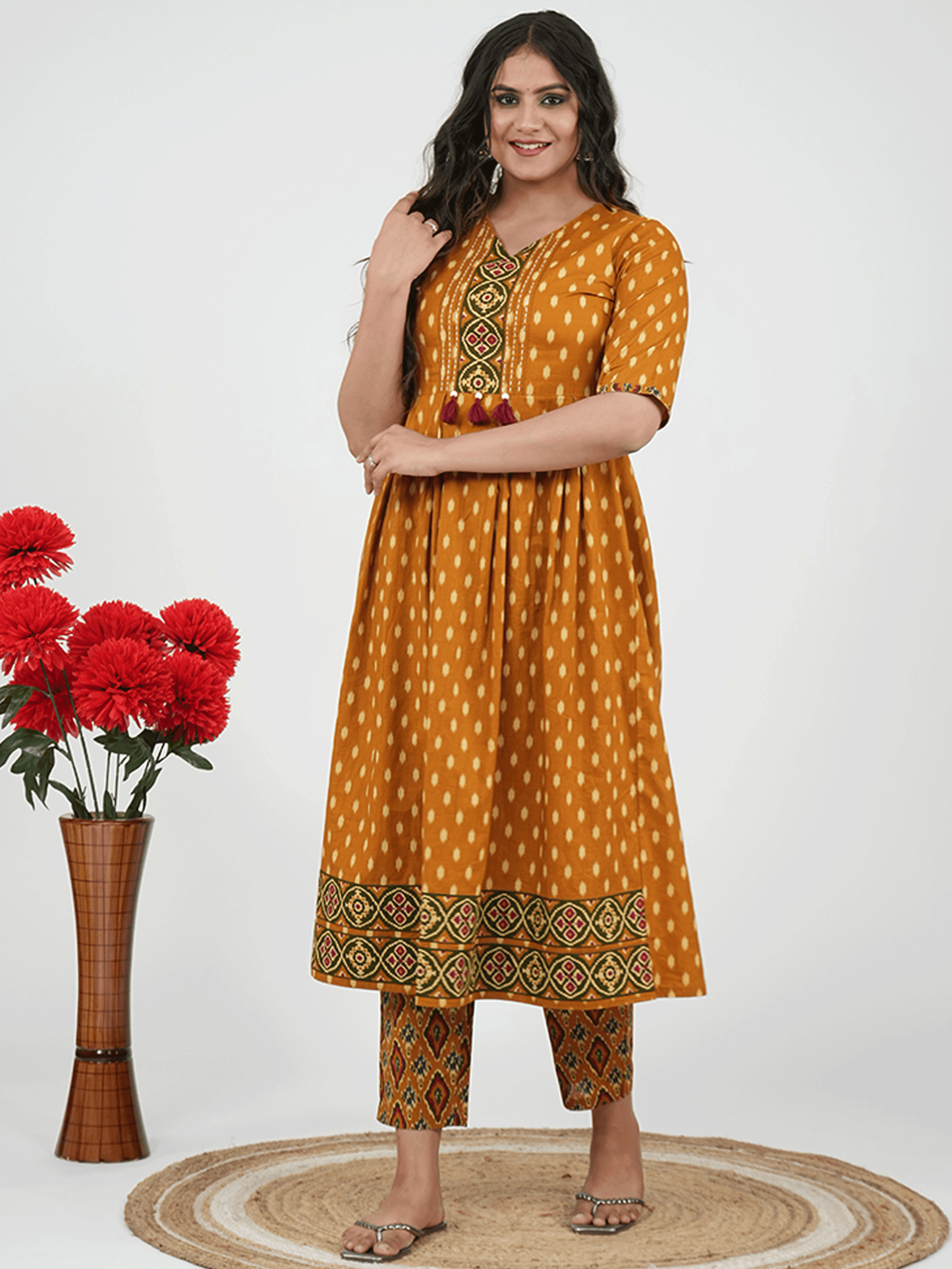 Embroidered Soft Cotton Ikat A-line Yellow Kurta