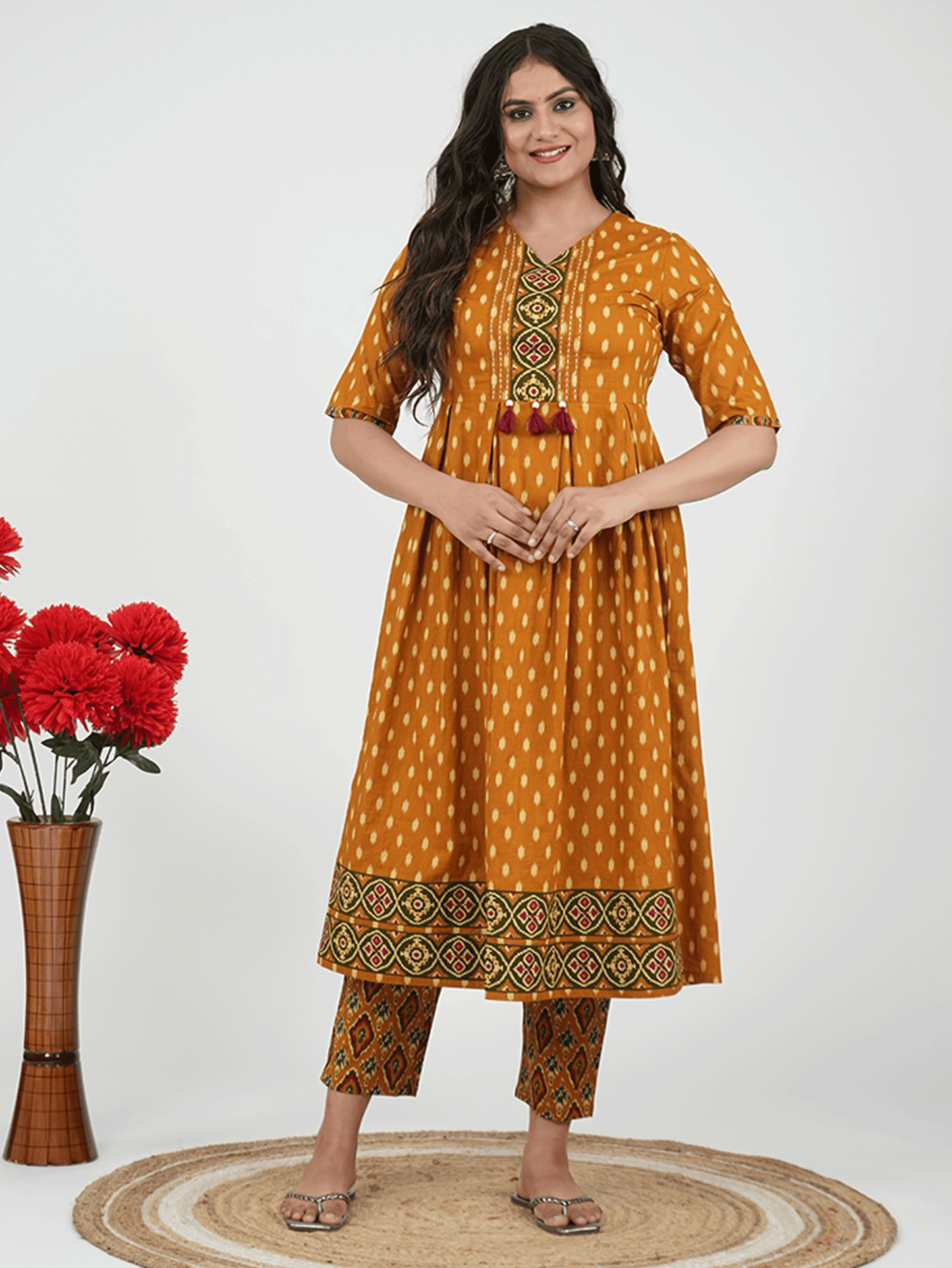 Embroidered Soft Cotton Ikat A-line Yellow Kurta