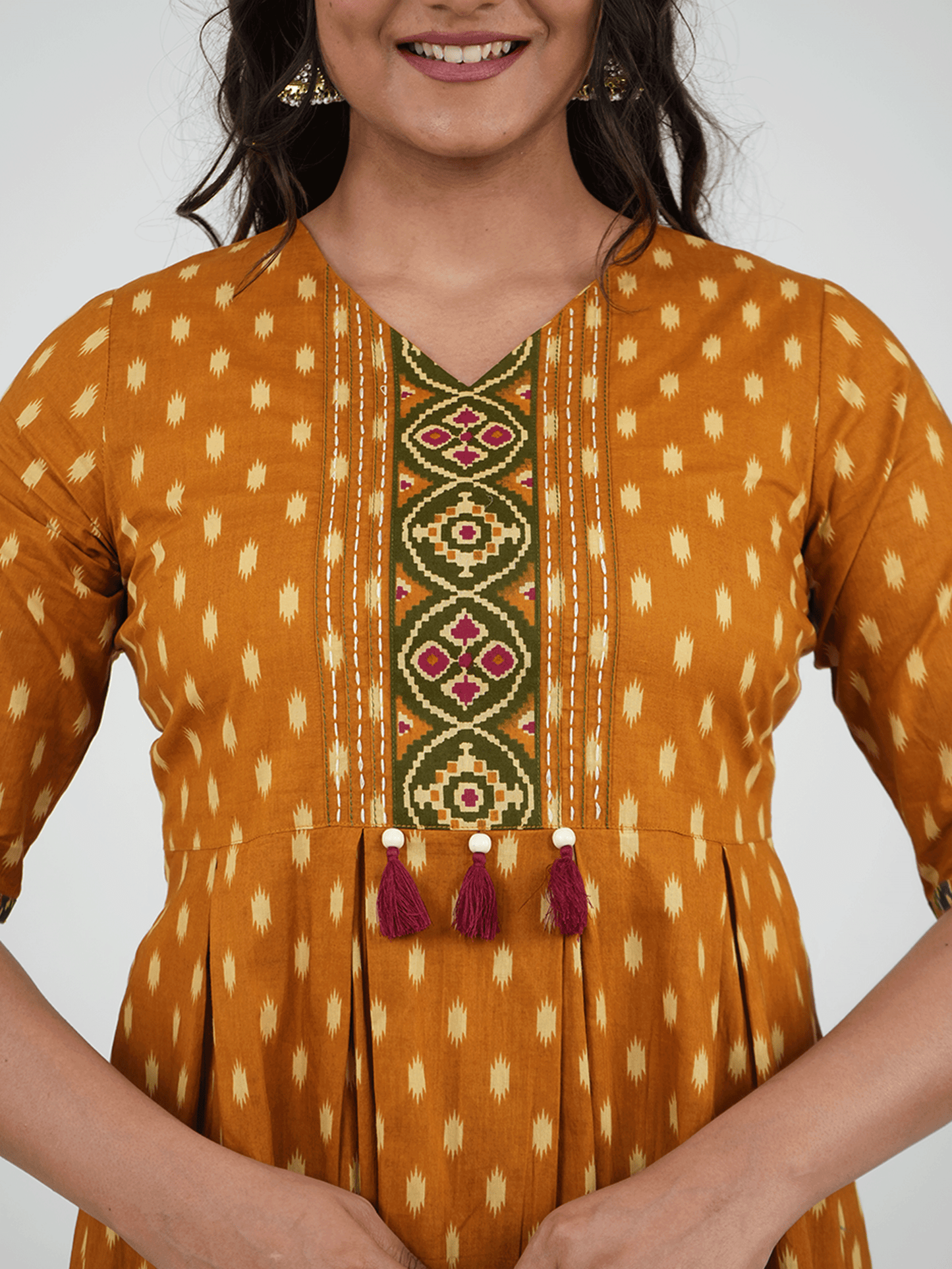 Embroidered Soft Cotton Ikat A-line Yellow Kurta