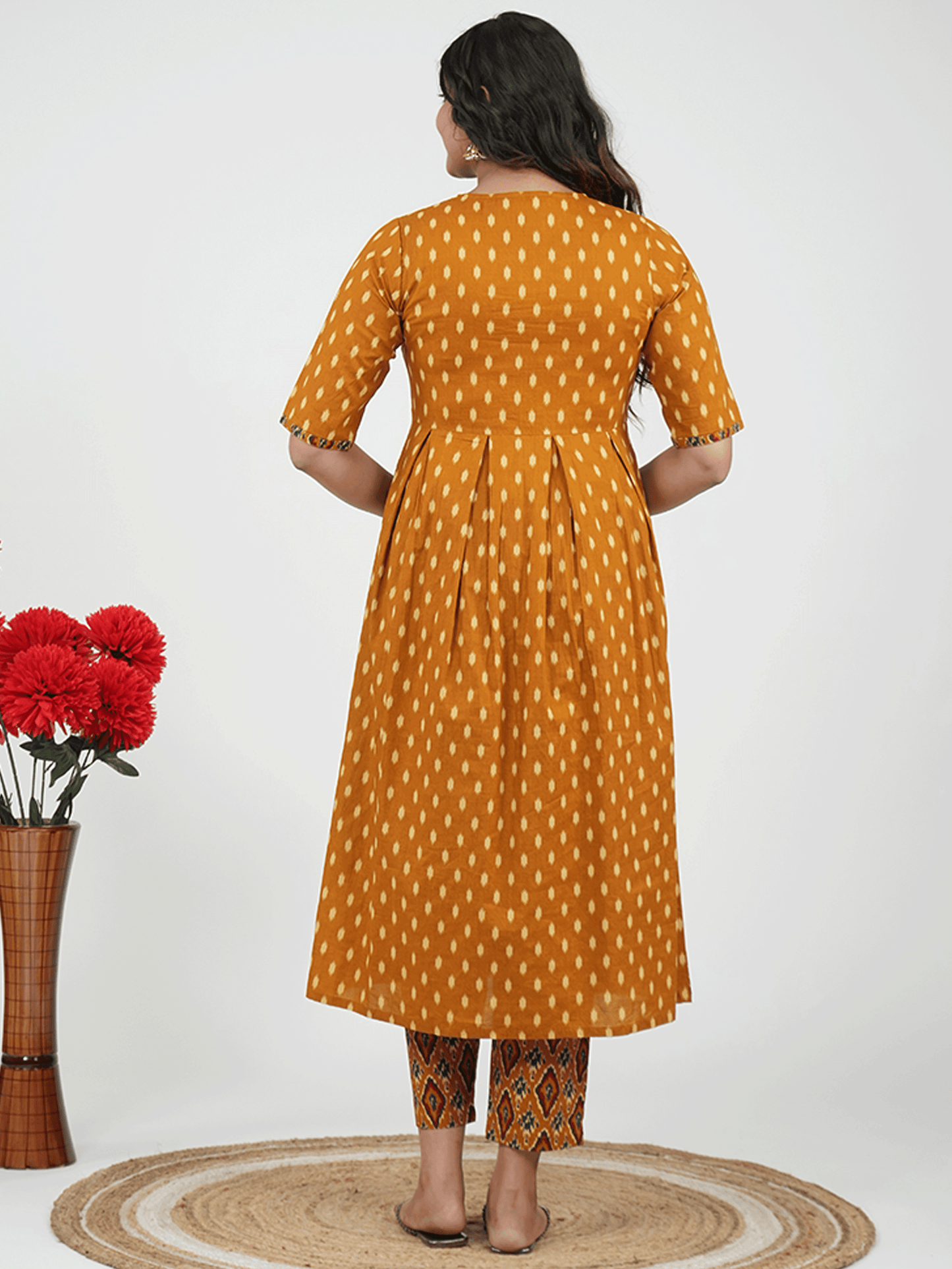 Embroidered Soft Cotton Ikat A-line Yellow Kurta