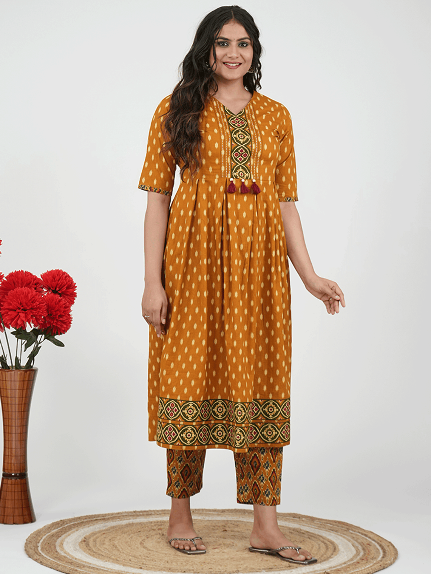 Embroidered Soft Cotton Ikat A-line Yellow Kurta