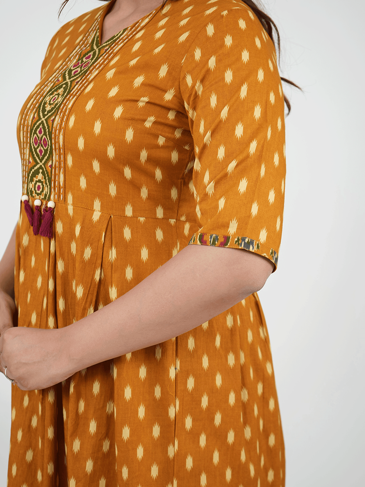 Embroidered Soft Cotton Ikat A-line Yellow Kurta