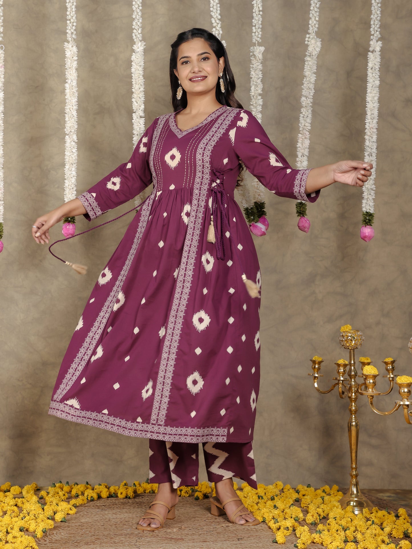 Soft Cotton Ikat Kalidar Purple Kurta