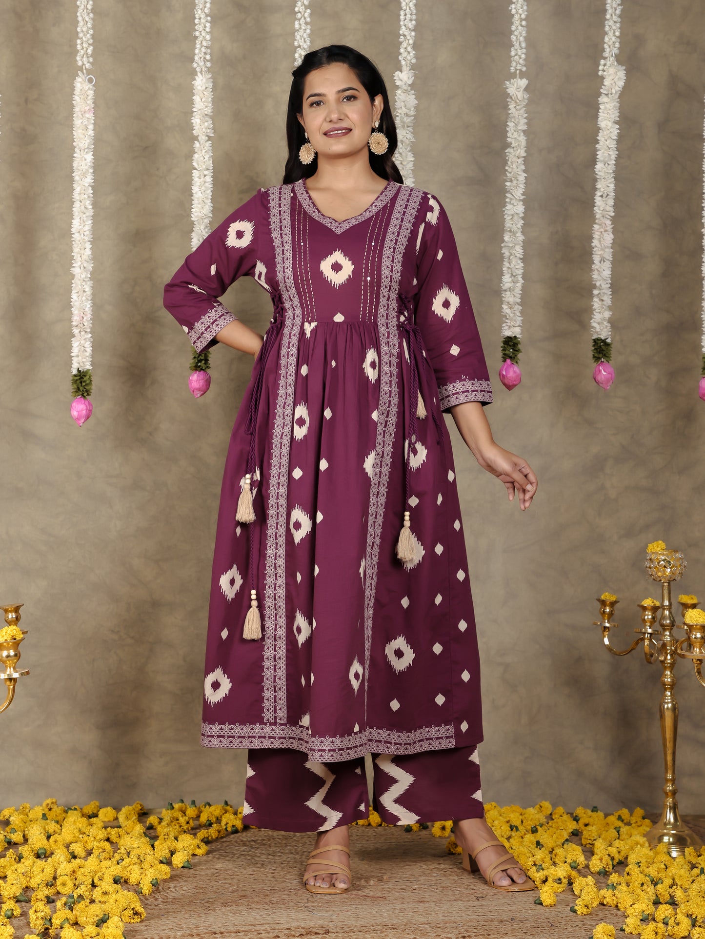 Soft Cotton Ikat Kalidar Purple Kurta